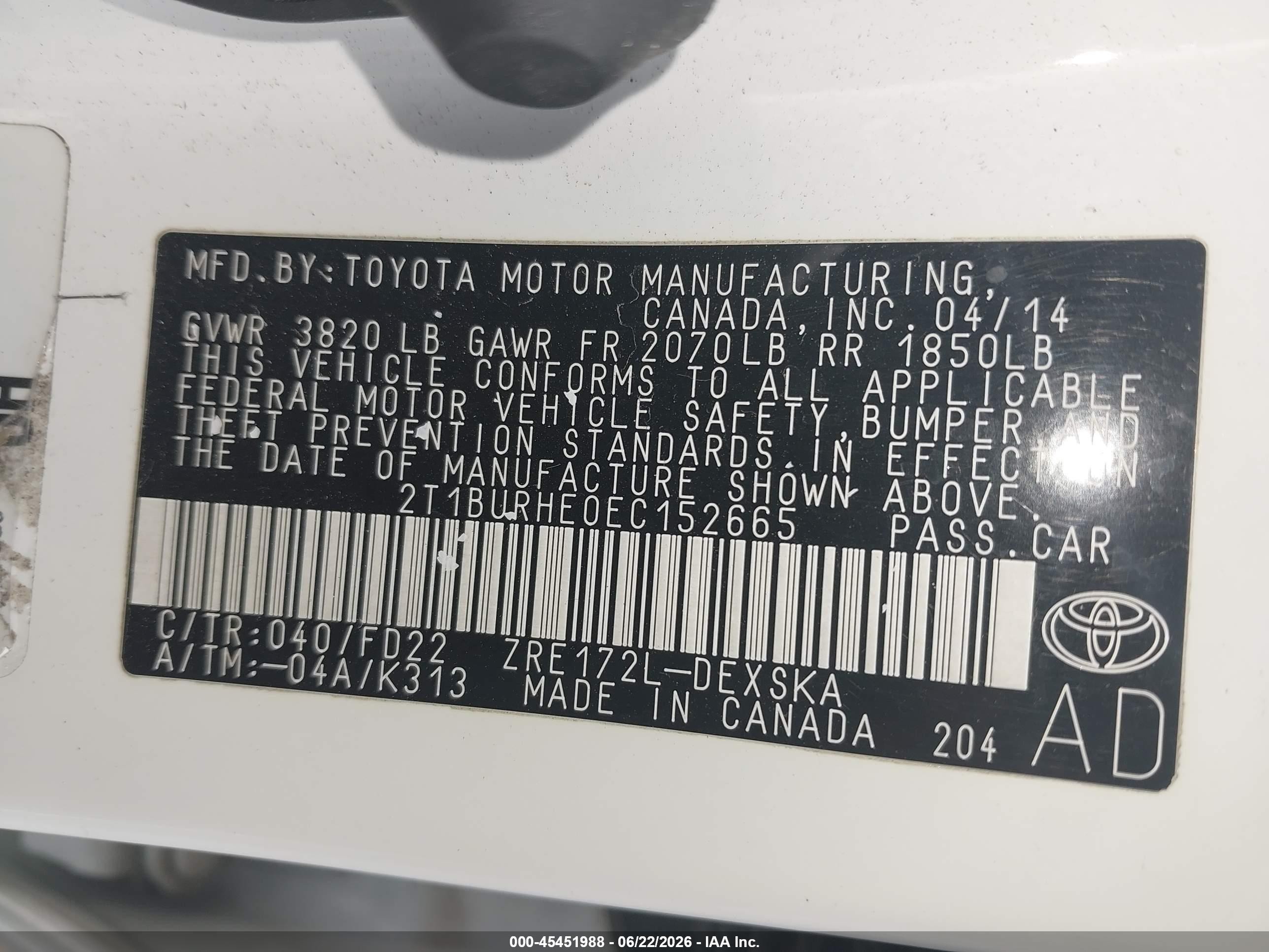 2014 Toyota Corolla S Plus White vin: 2T1BURHE0EC152665