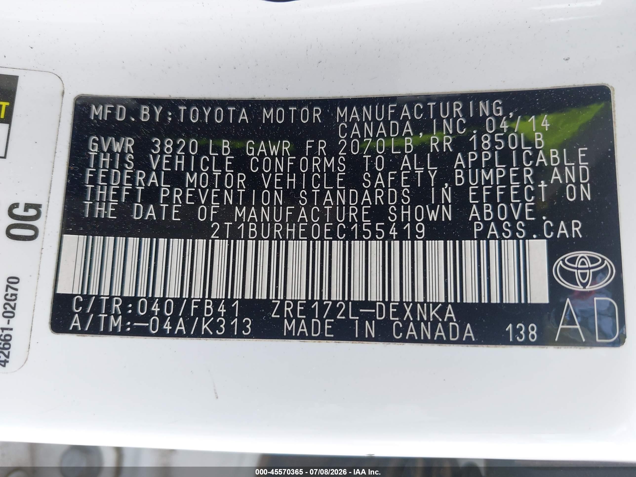2014 Toyota Corolla Le White vin: 2T1BURHE0EC155419