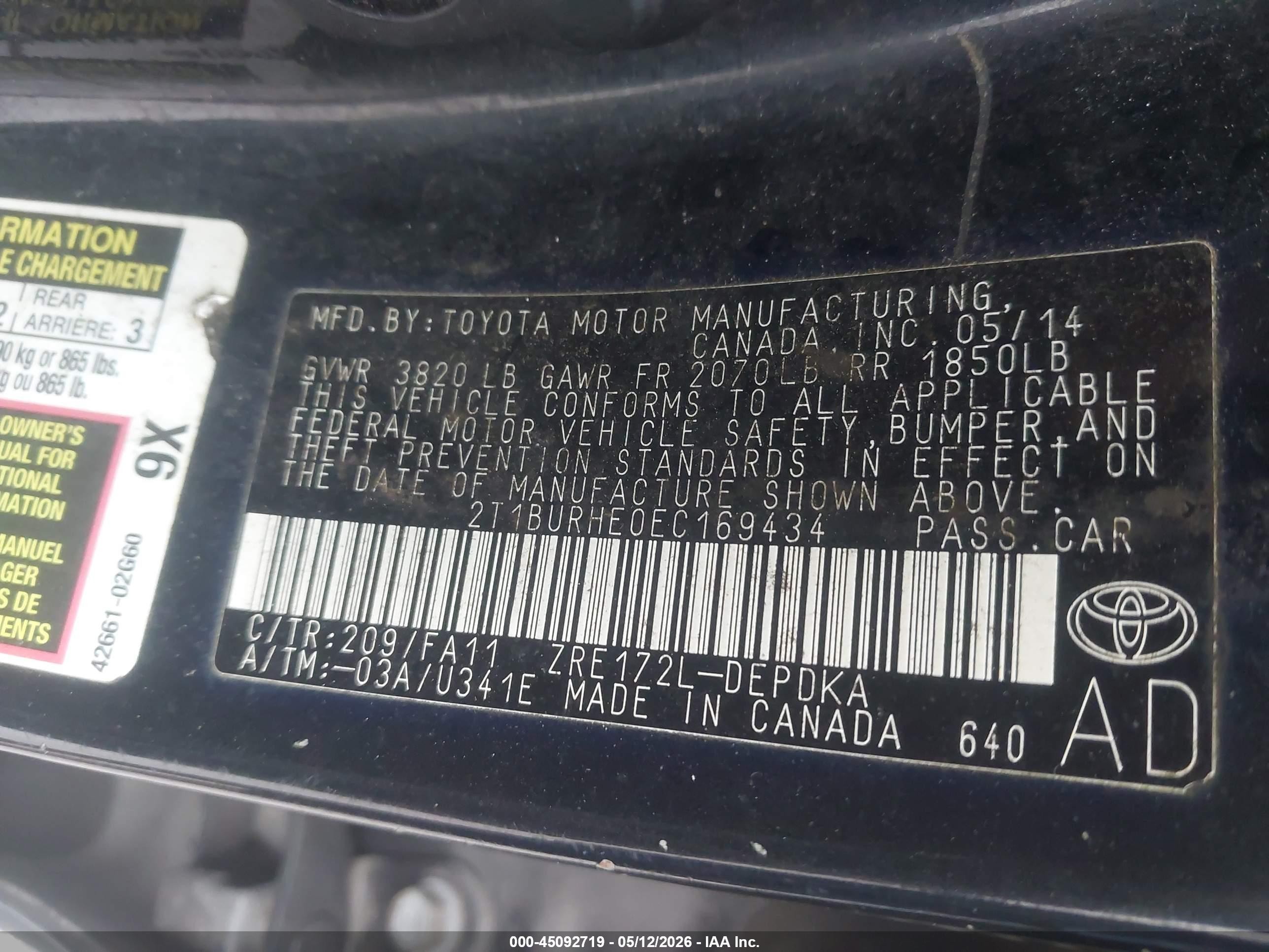 2014 Toyota Corolla L Black vin: 2T1BURHE0EC169434