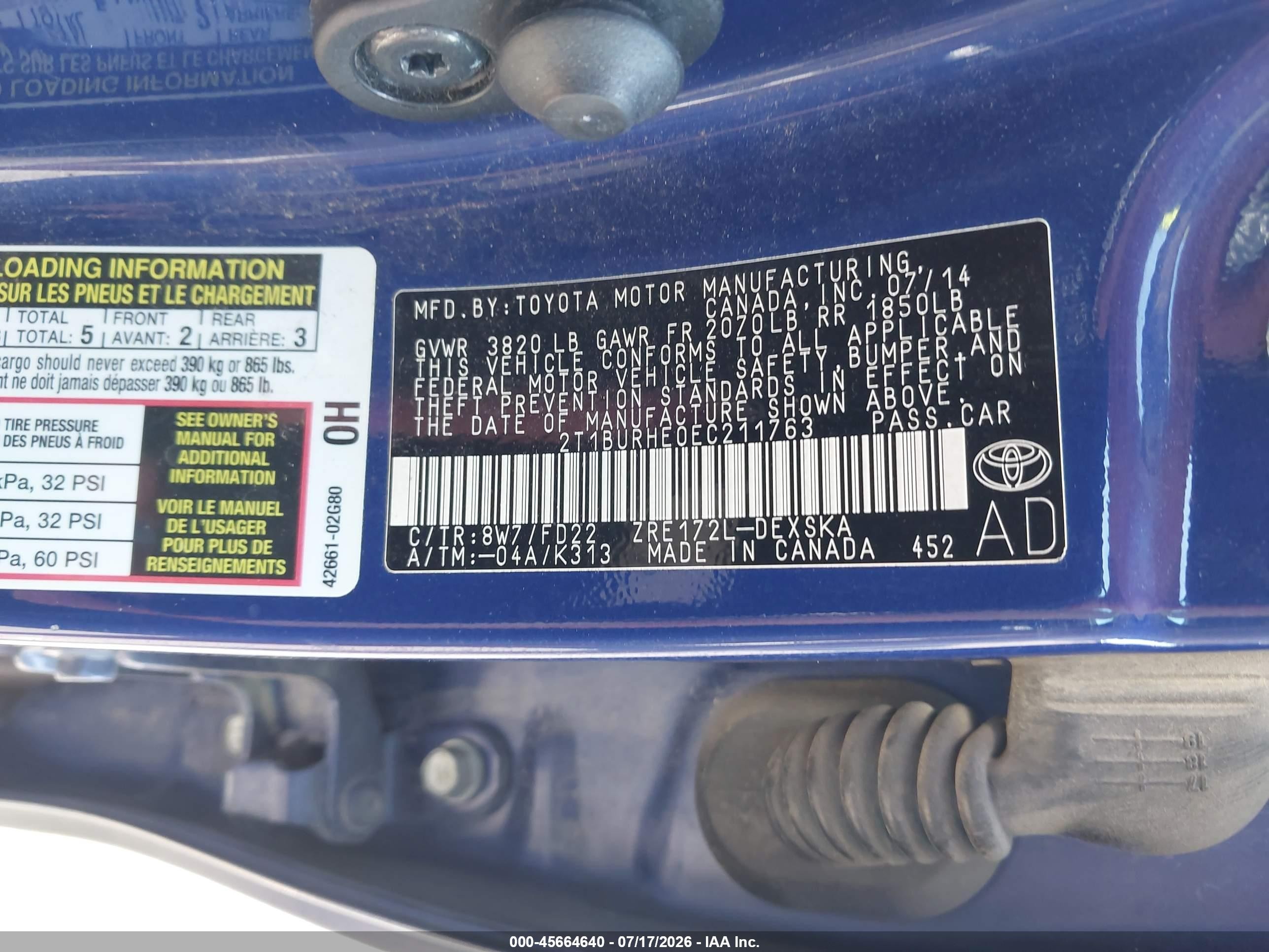 2014 Toyota Corolla S Plus Blue vin: 2T1BURHE0EC211763