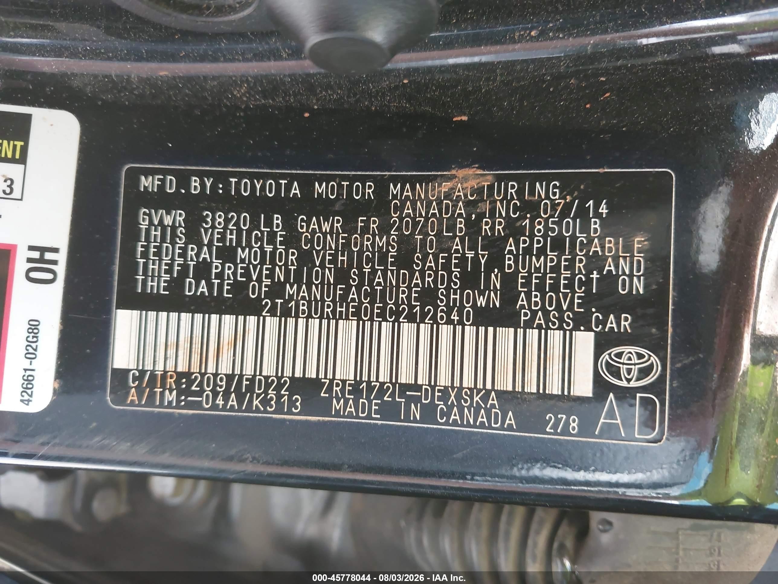 2014 Toyota Corolla S Plus Black vin: 2T1BURHE0EC212640