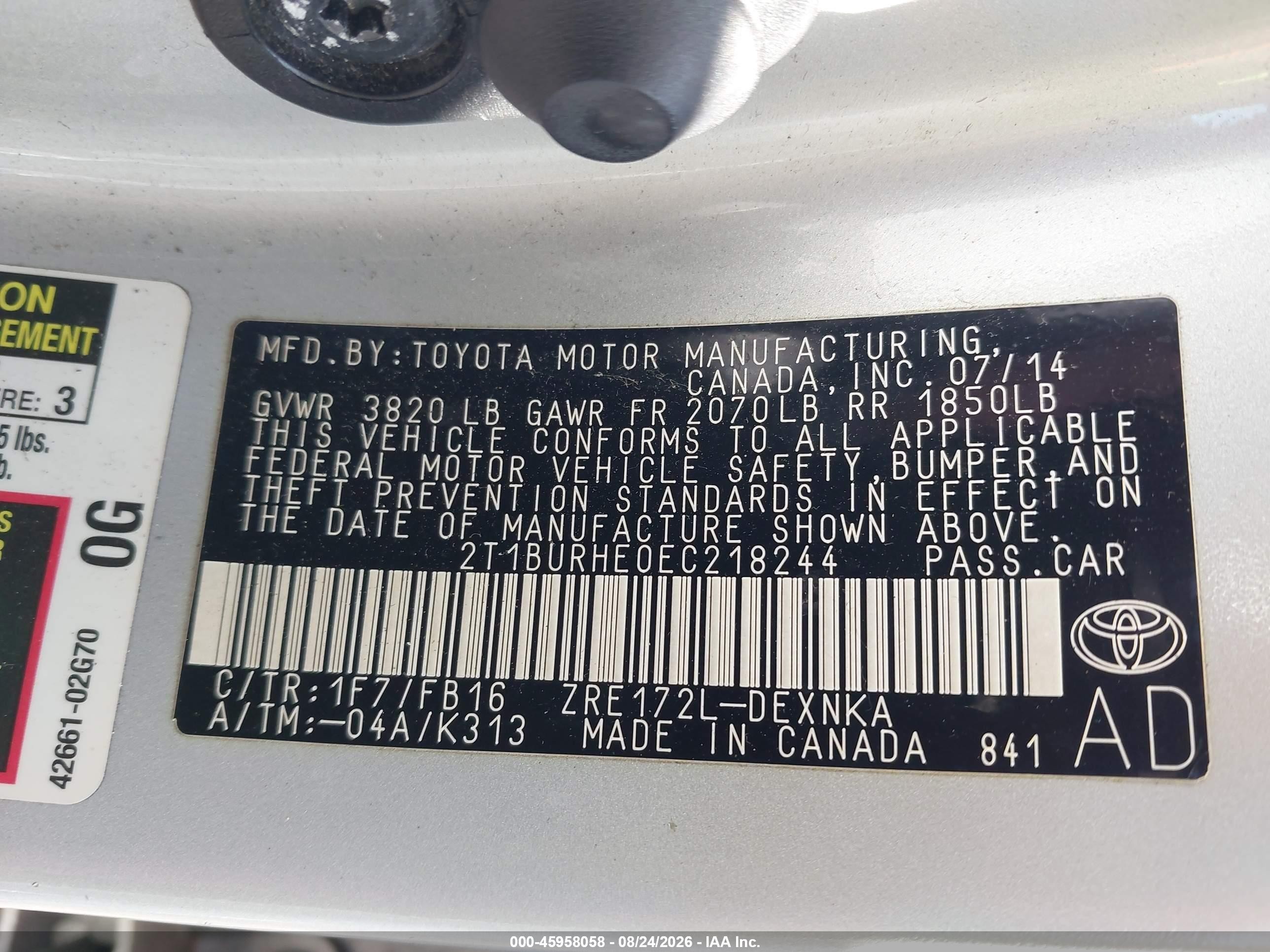 2014 Toyota Corolla Le Silver vin: 2T1BURHE0EC218244