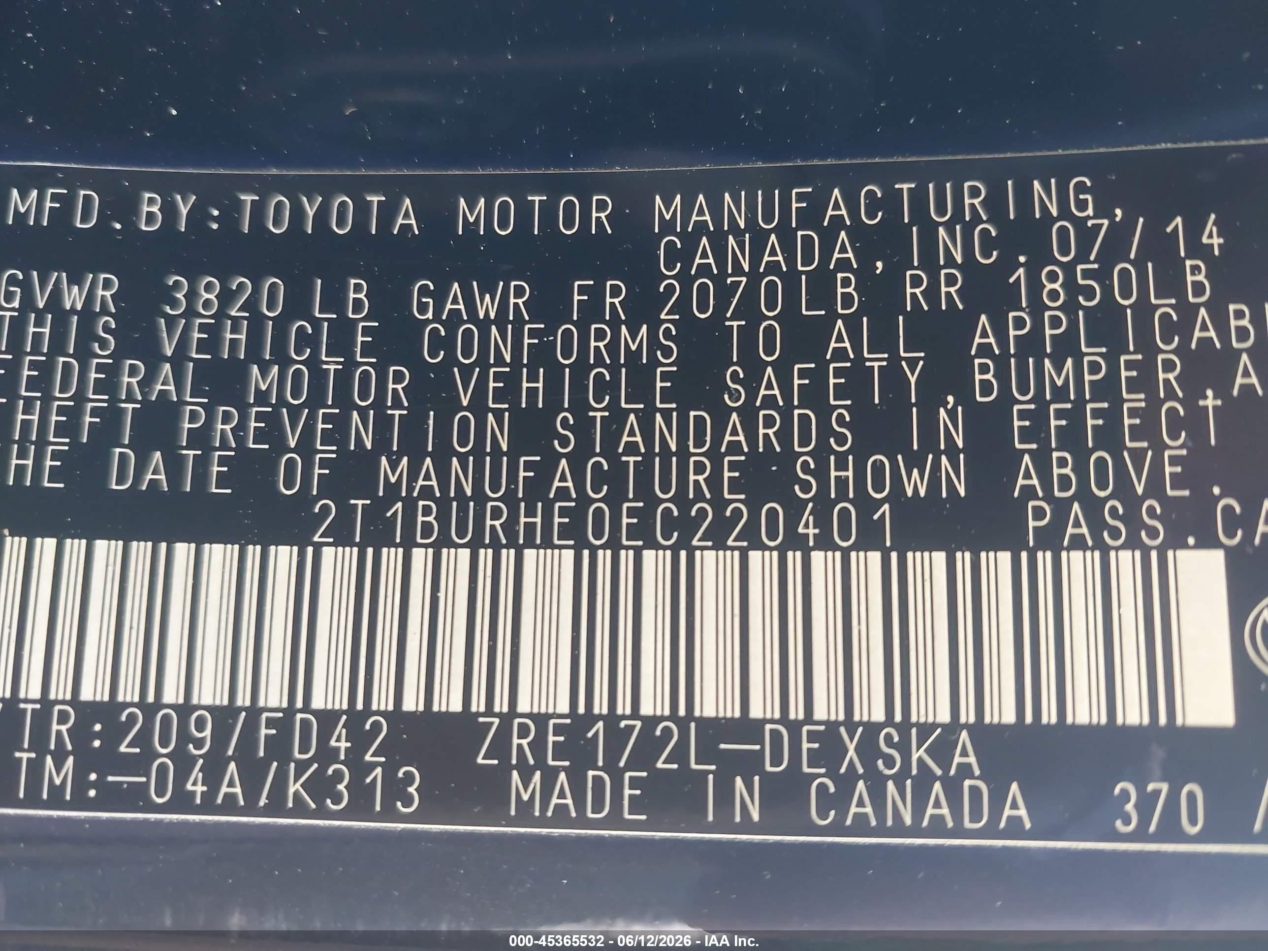 2014 Toyota Corolla S Plus Black vin: 2T1BURHE0EC220401