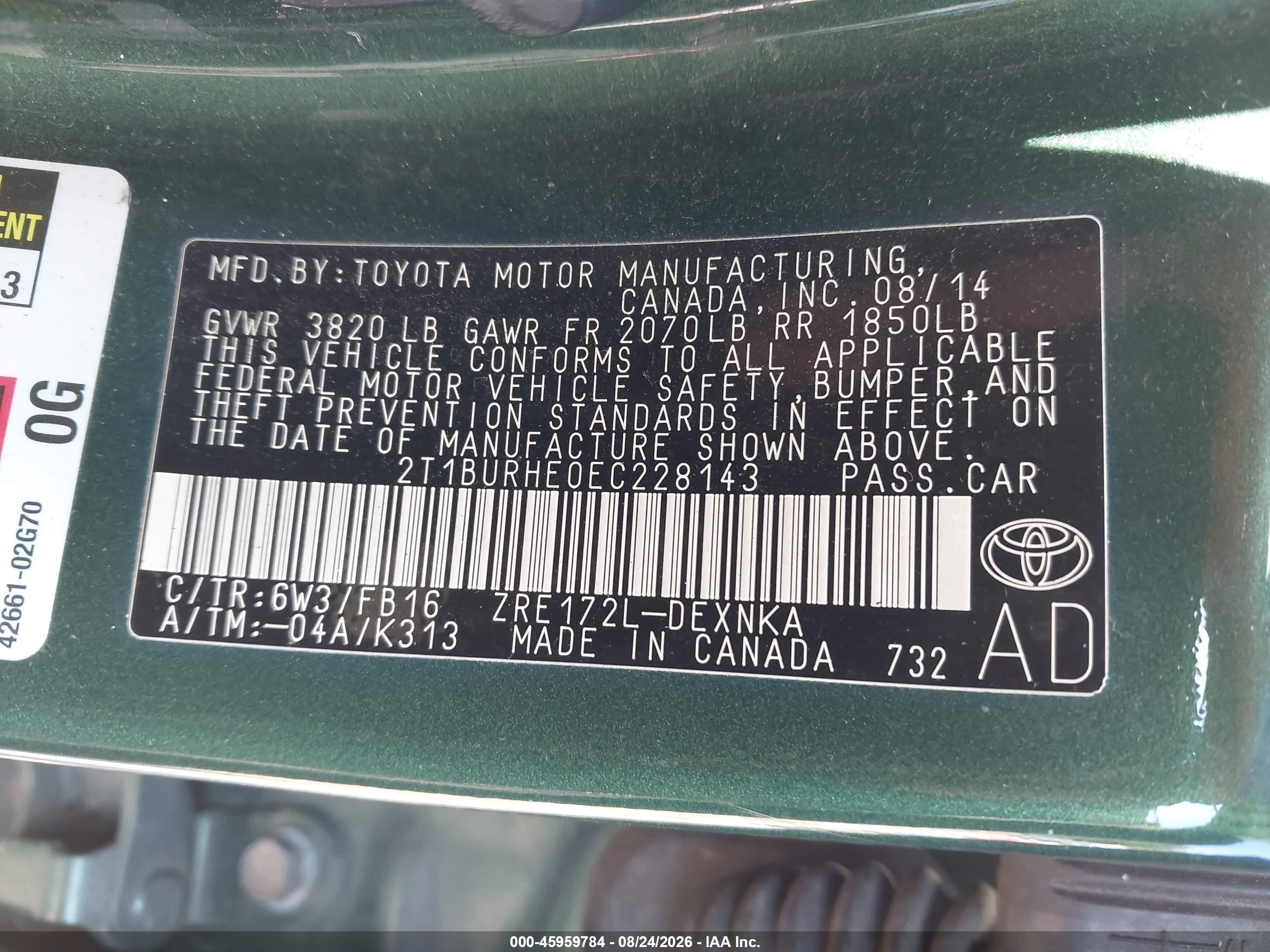 2014 Toyota Corolla Le Green vin: 2T1BURHE0EC228143