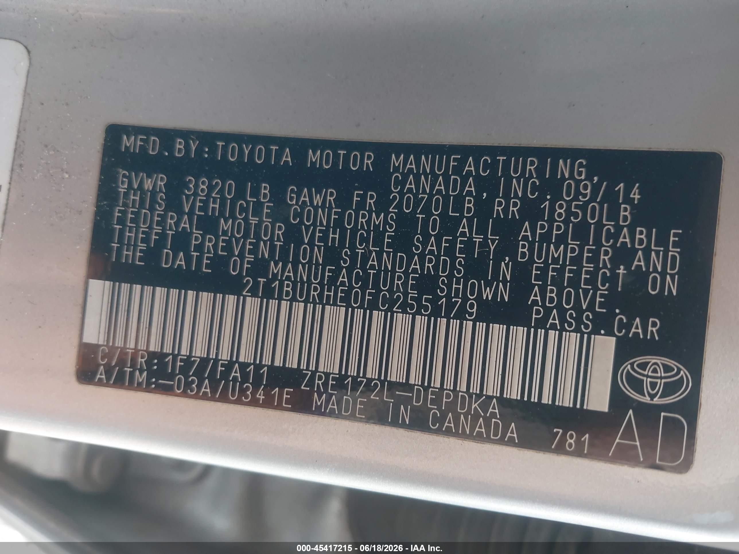 2015 Toyota Corolla L Silver vin: 2T1BURHE0FC255179