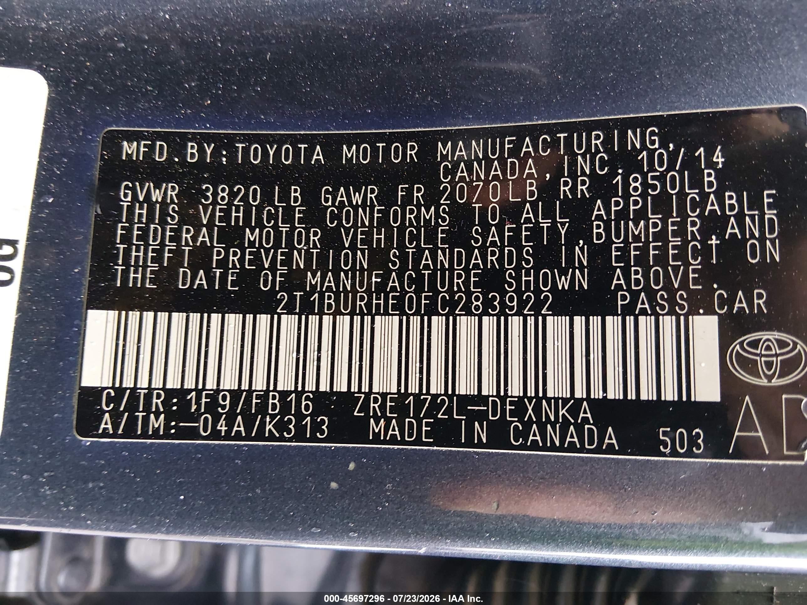 2015 Toyota Corolla Le Gray vin: 2T1BURHE0FC283922