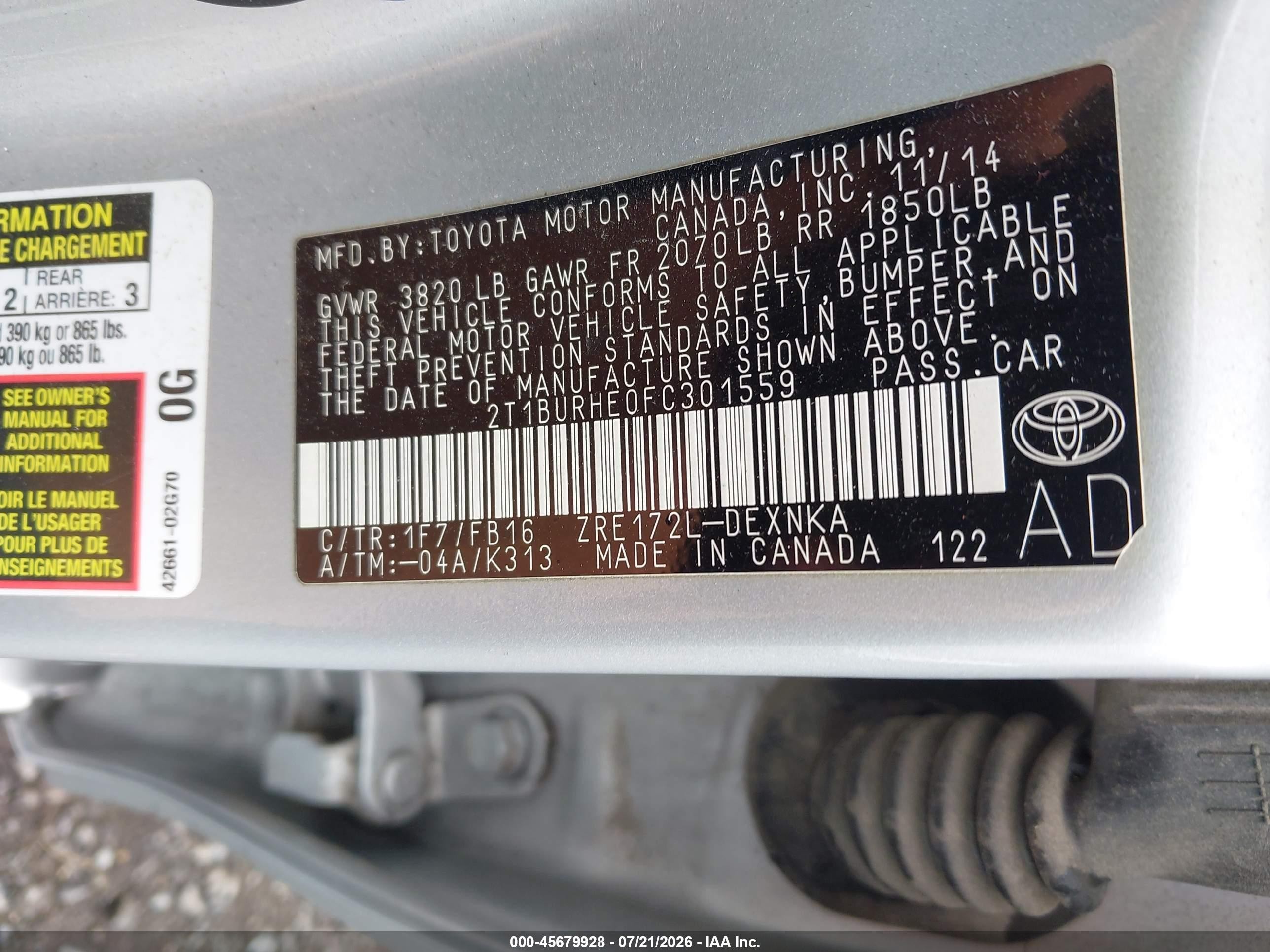 2015 Toyota Corolla Le Silver vin: 2T1BURHE0FC301559