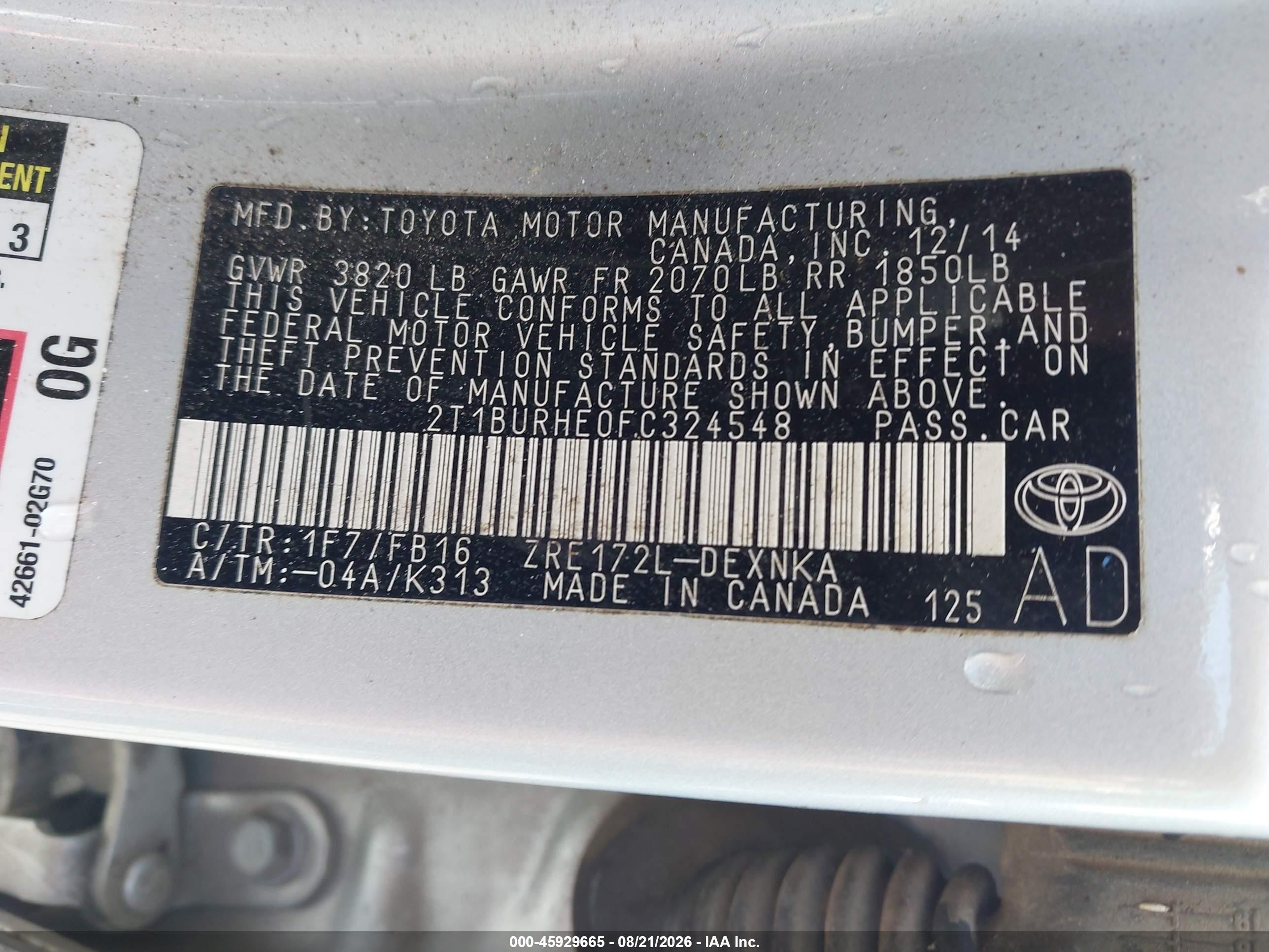 2015 Toyota Corolla Le Silver vin: 2T1BURHE0FC324548