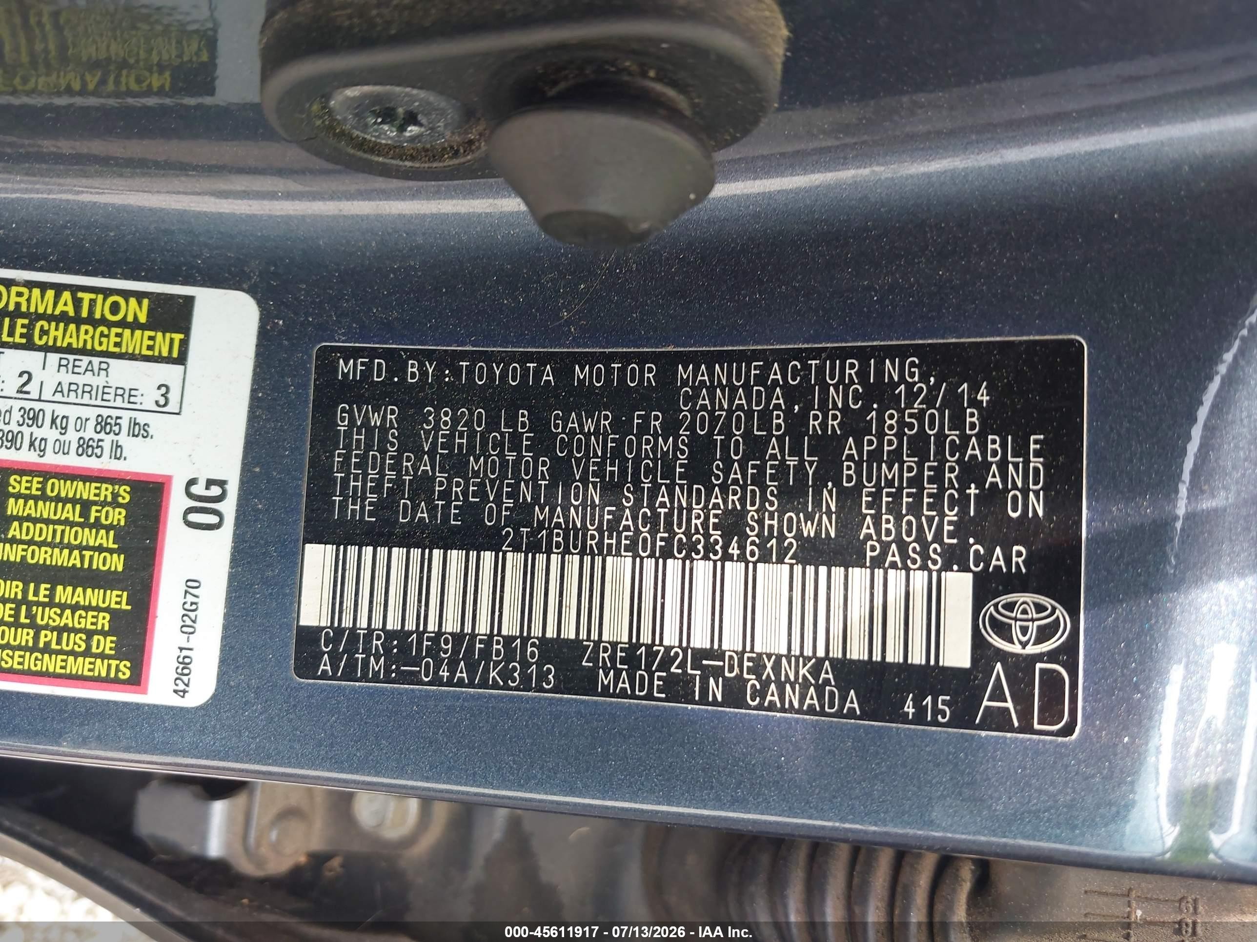 2015 Toyota Corolla Le Blue vin: 2T1BURHE0FC334612