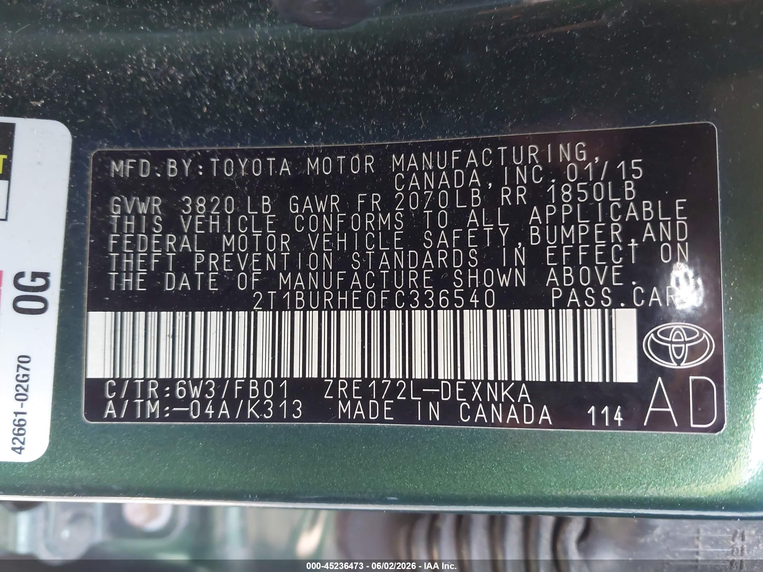 2015 Toyota Corolla Le Green vin: 2T1BURHE0FC336540