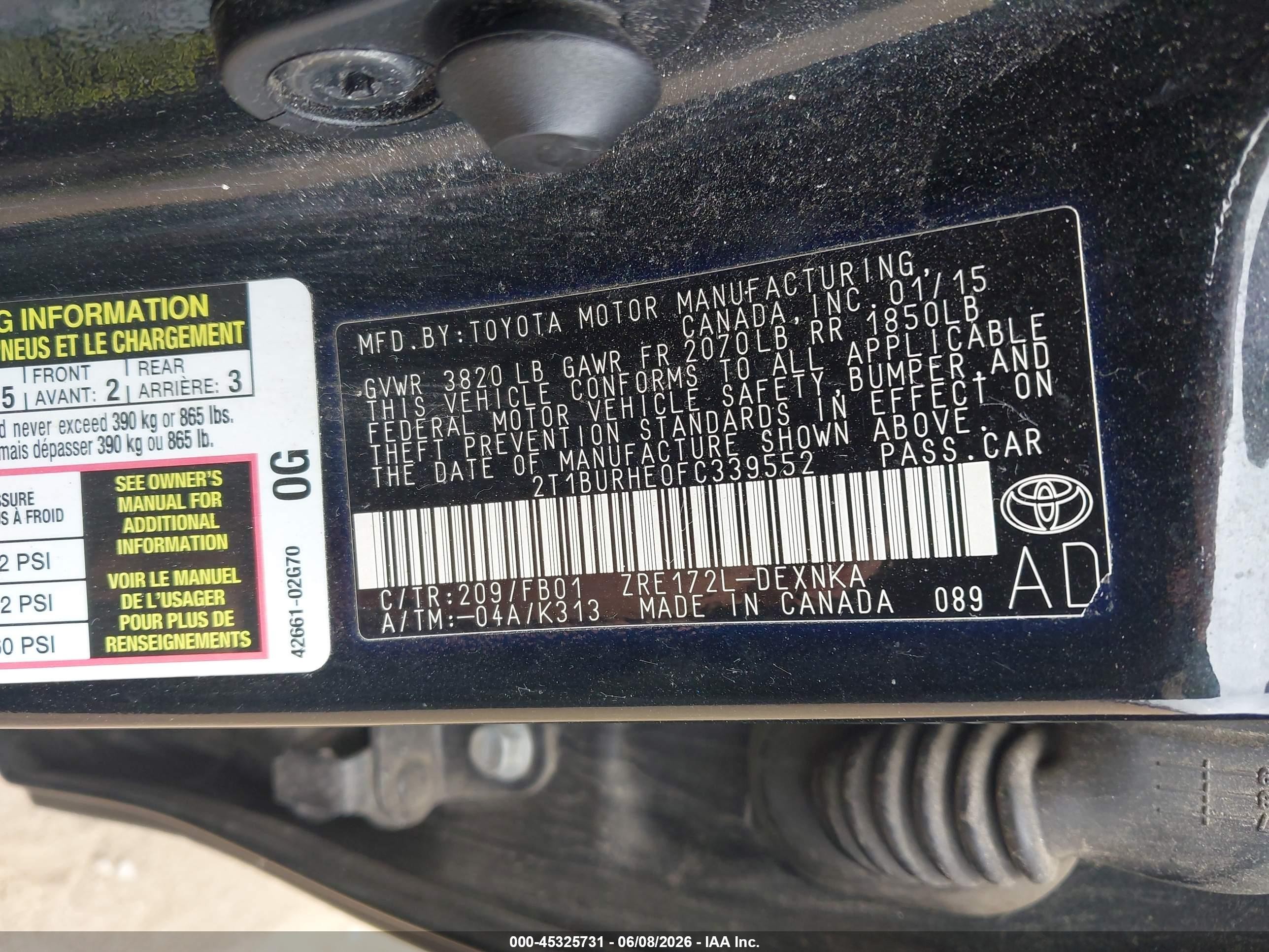 2015 Toyota Corolla Le Black vin: 2T1BURHE0FC339552