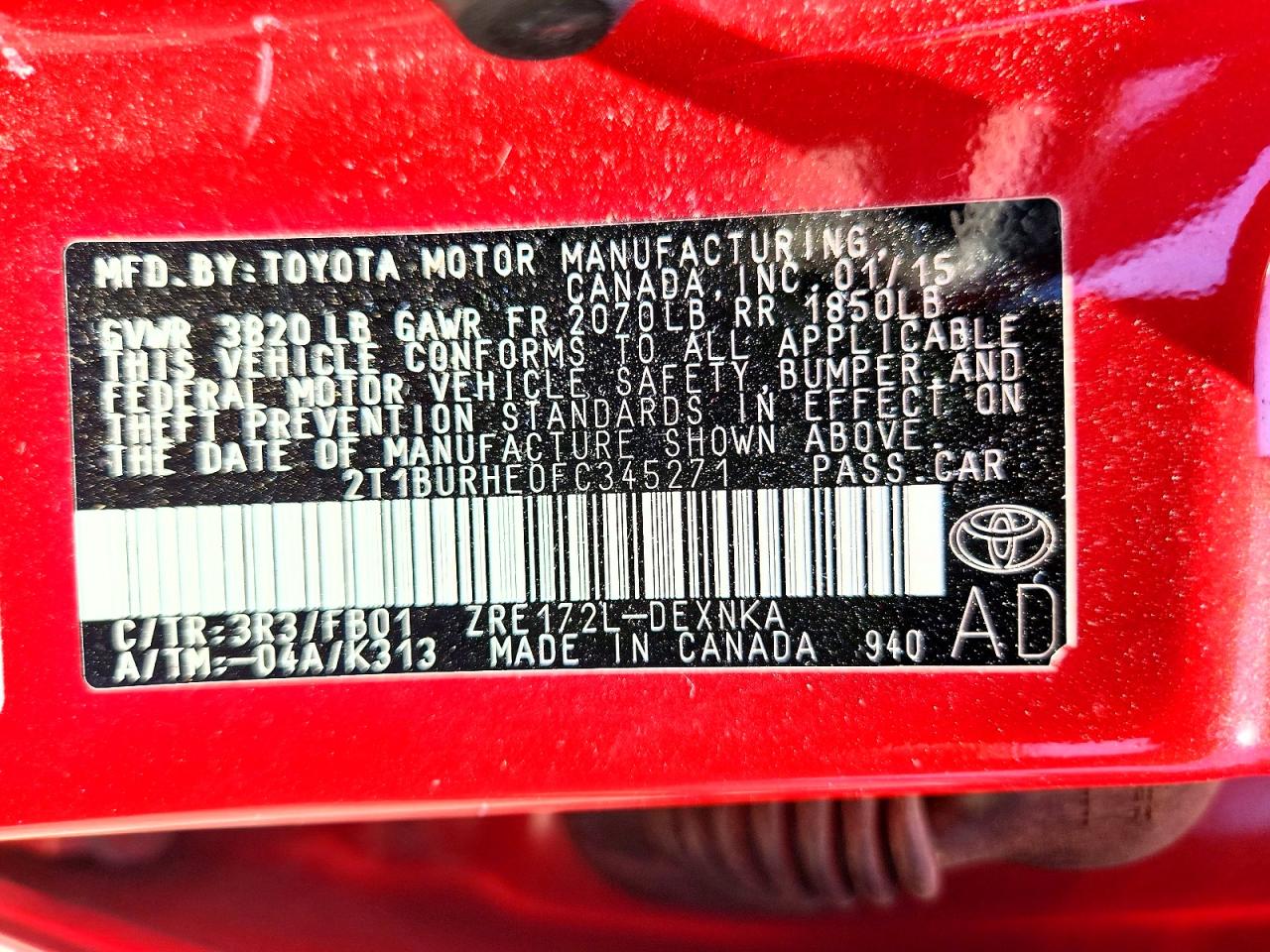 2015 Toyota Corolla Le Red vin: 2T1BURHE0FC345271