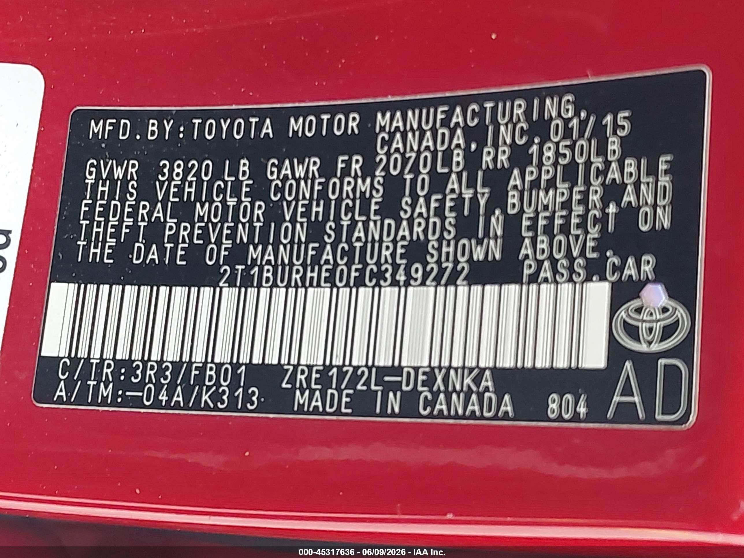 2015 Toyota Corolla Le Red vin: 2T1BURHE0FC349272