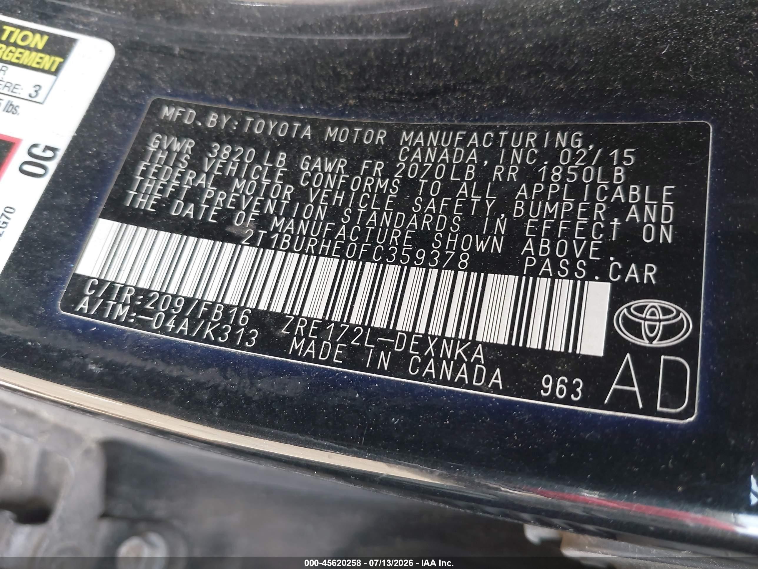 2015 Toyota Corolla Le Black vin: 2T1BURHE0FC359378