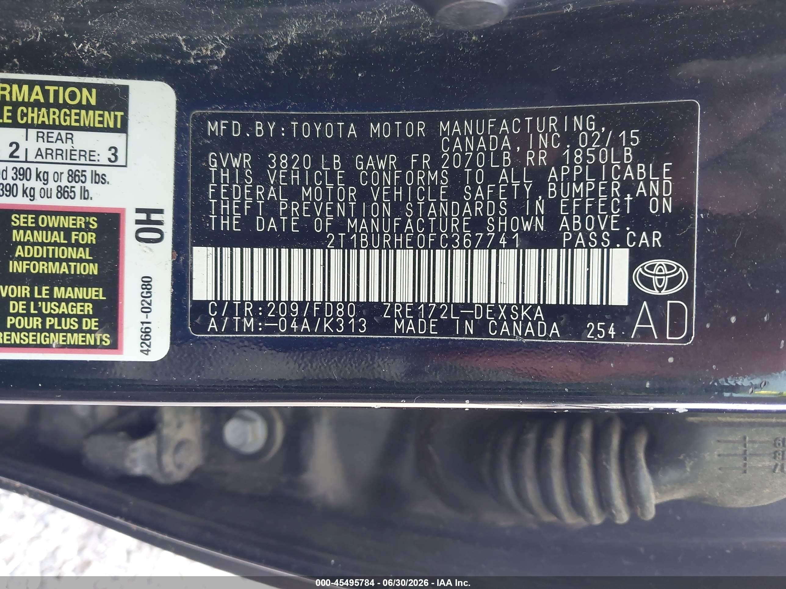 2015 Toyota Corolla S Plus Black vin: 2T1BURHE0FC367741