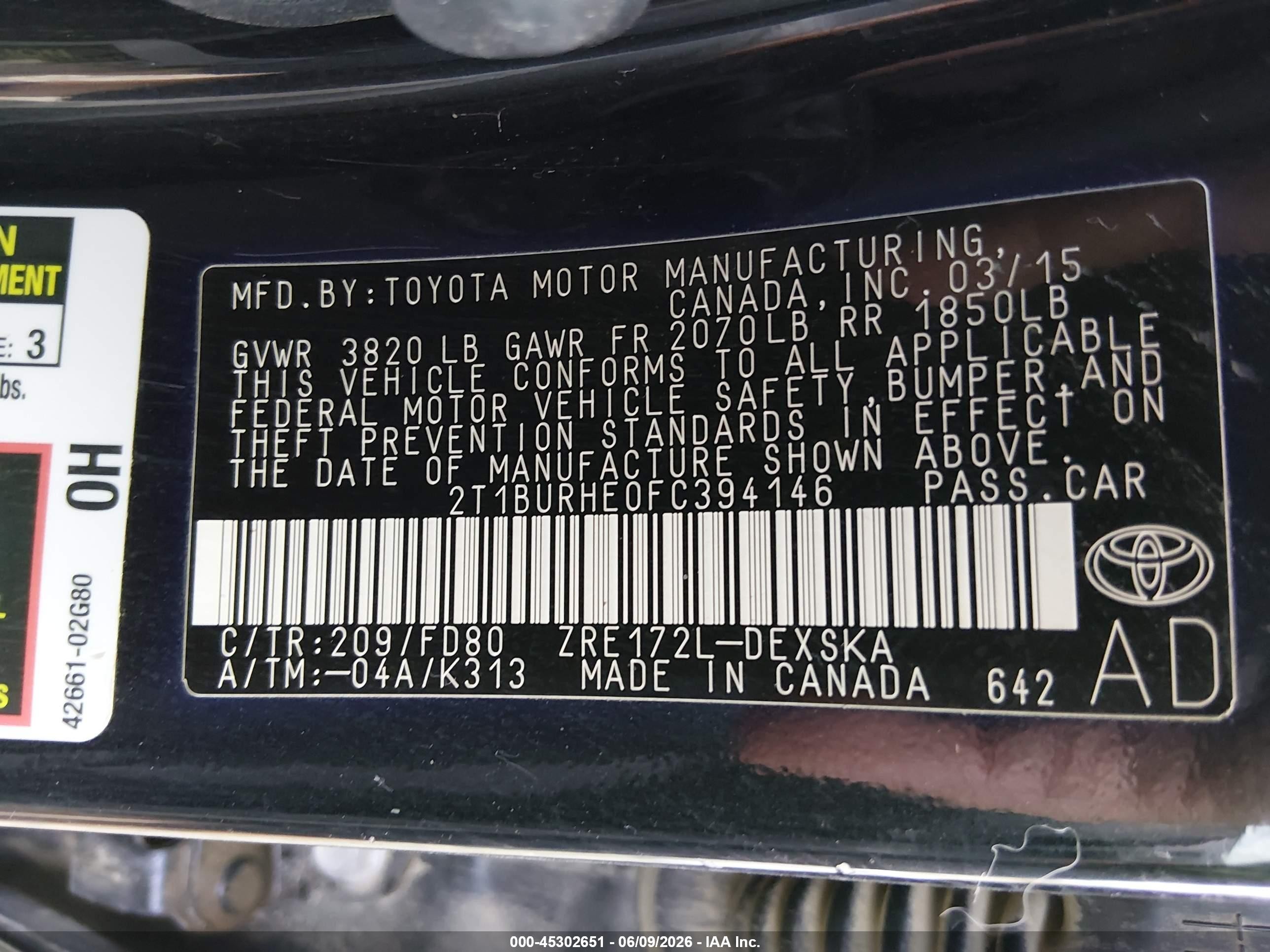 2015 Toyota Corolla S Plus Black vin: 2T1BURHE0FC394146