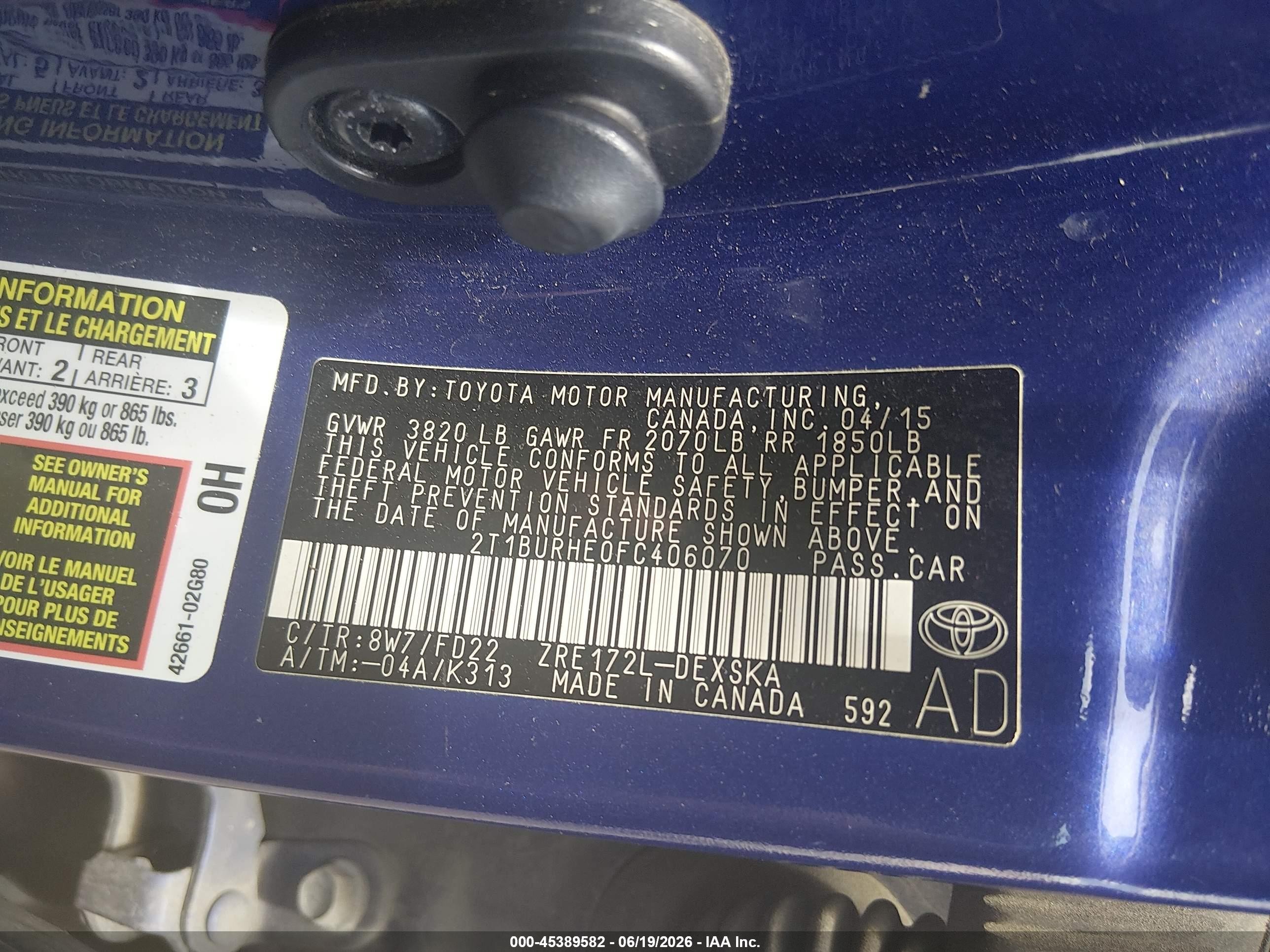 2015 Toyota Corolla S Plus Blue vin: 2T1BURHE0FC406070