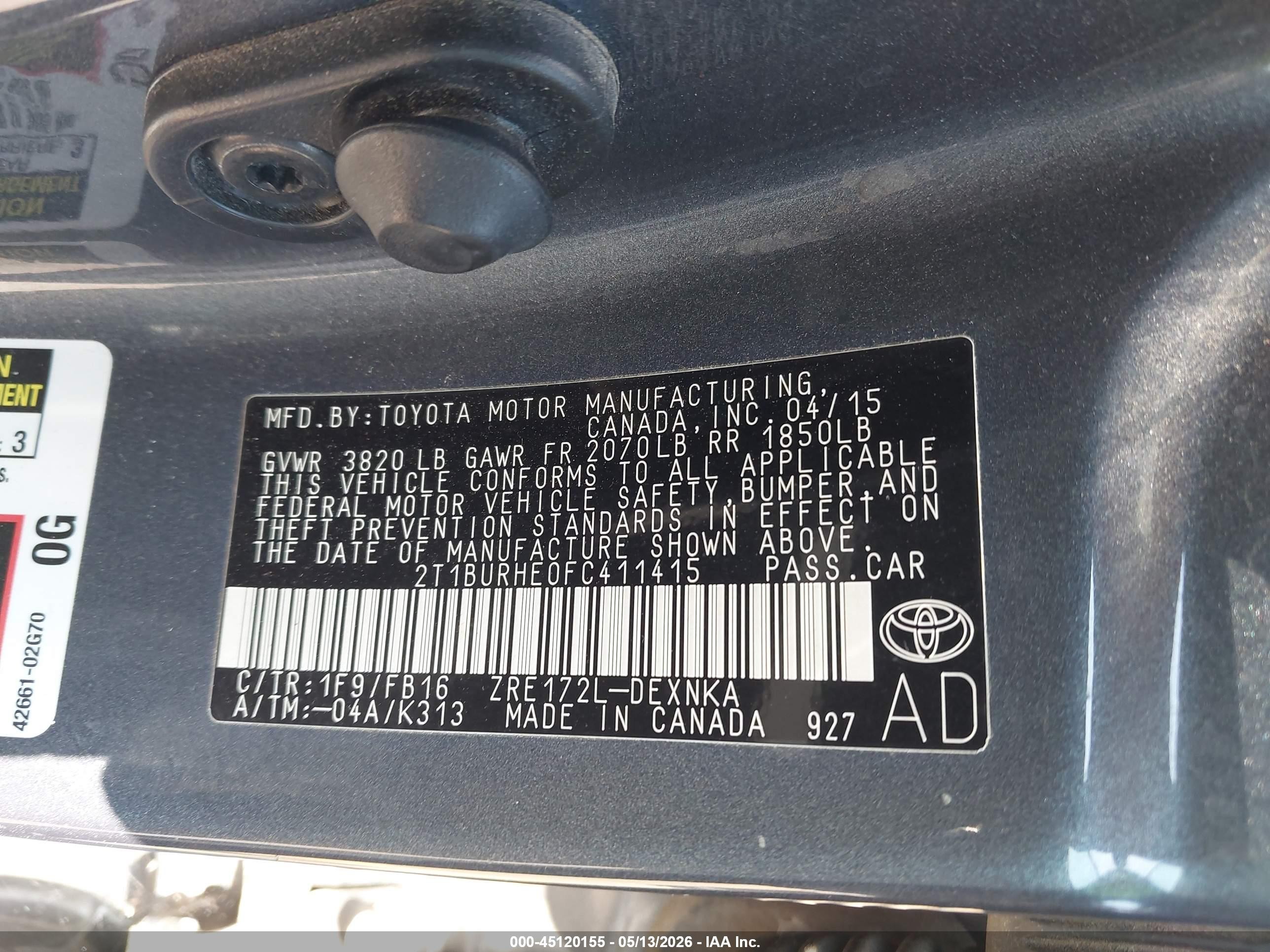 2015 Toyota Corolla Le Blue vin: 2T1BURHE0FC411415