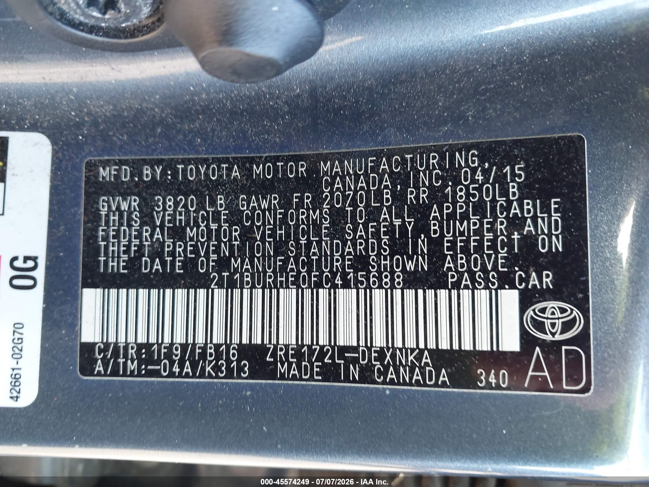 2015 Toyota Corolla Le Blue vin: 2T1BURHE0FC415688