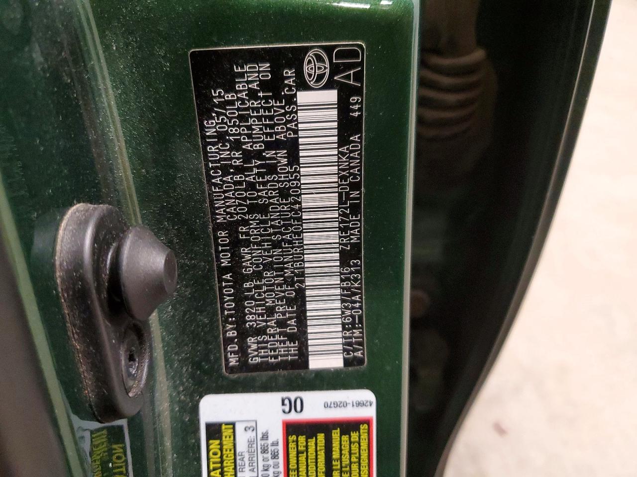 2015 Toyota Corolla Le Green vin: 2T1BURHE0FC420955