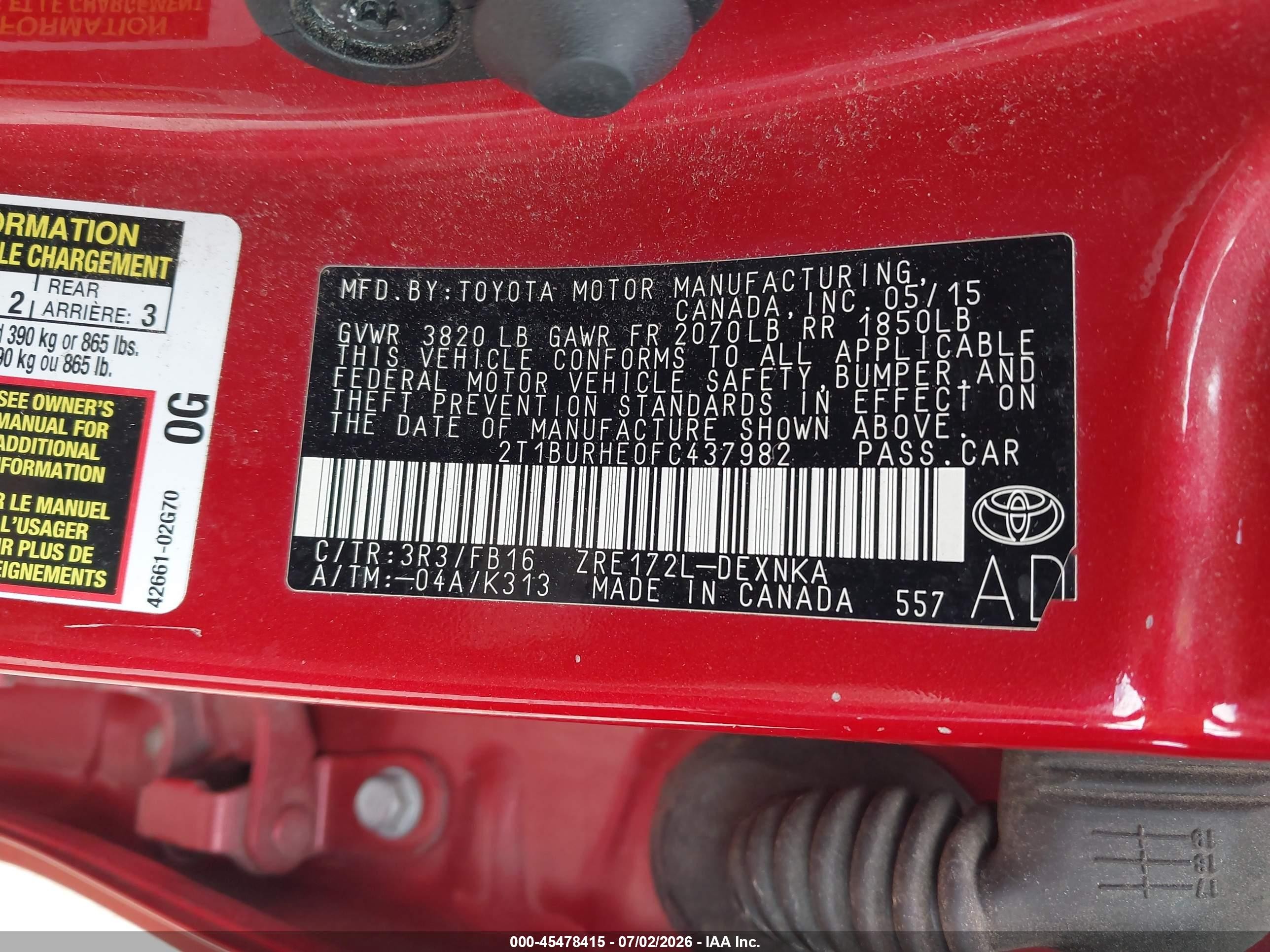 2015 Toyota Corolla Le Red vin: 2T1BURHE0FC437982
