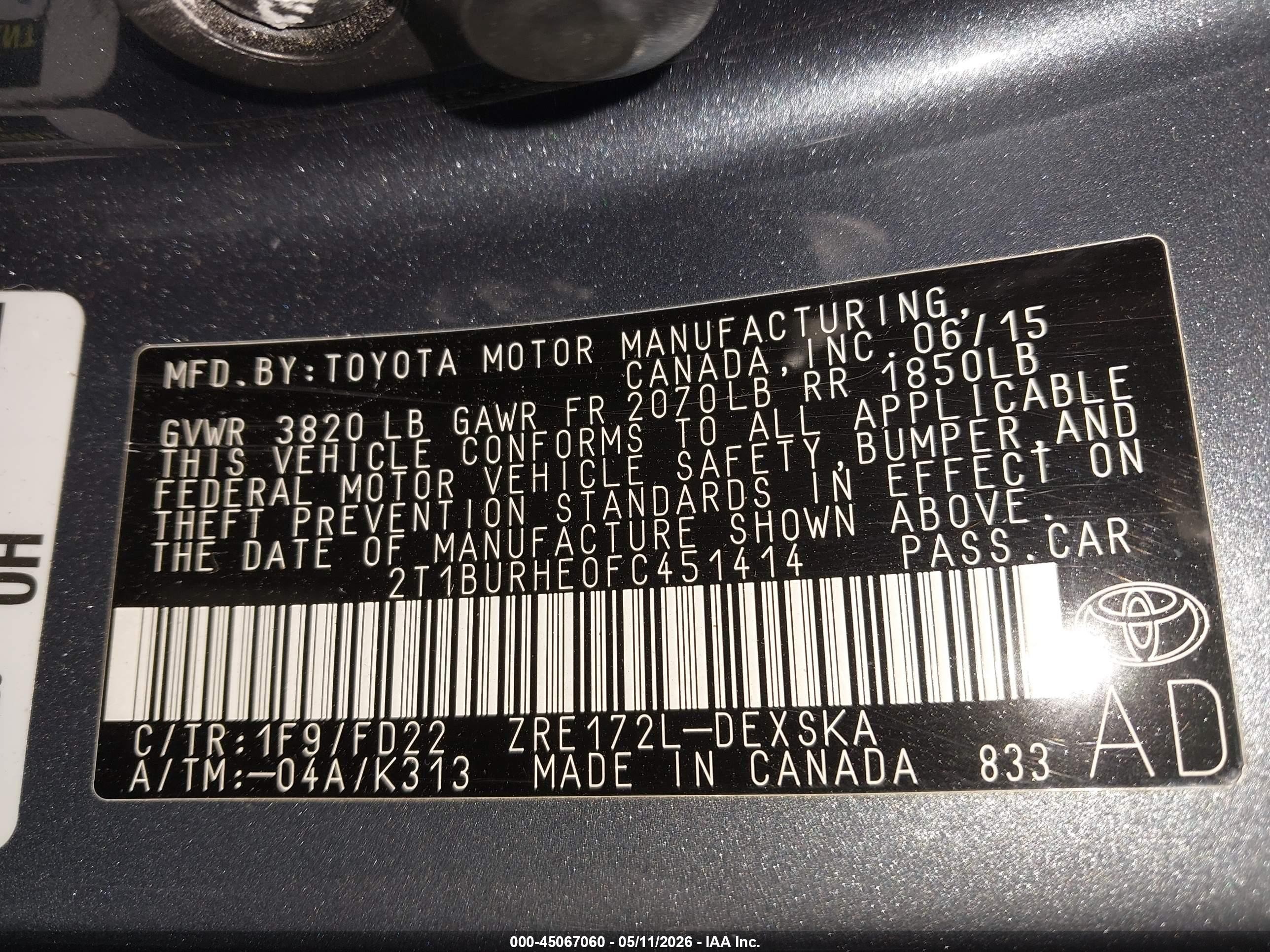 2015 Toyota Corolla S Plus Gray vin: 2T1BURHE0FC451414