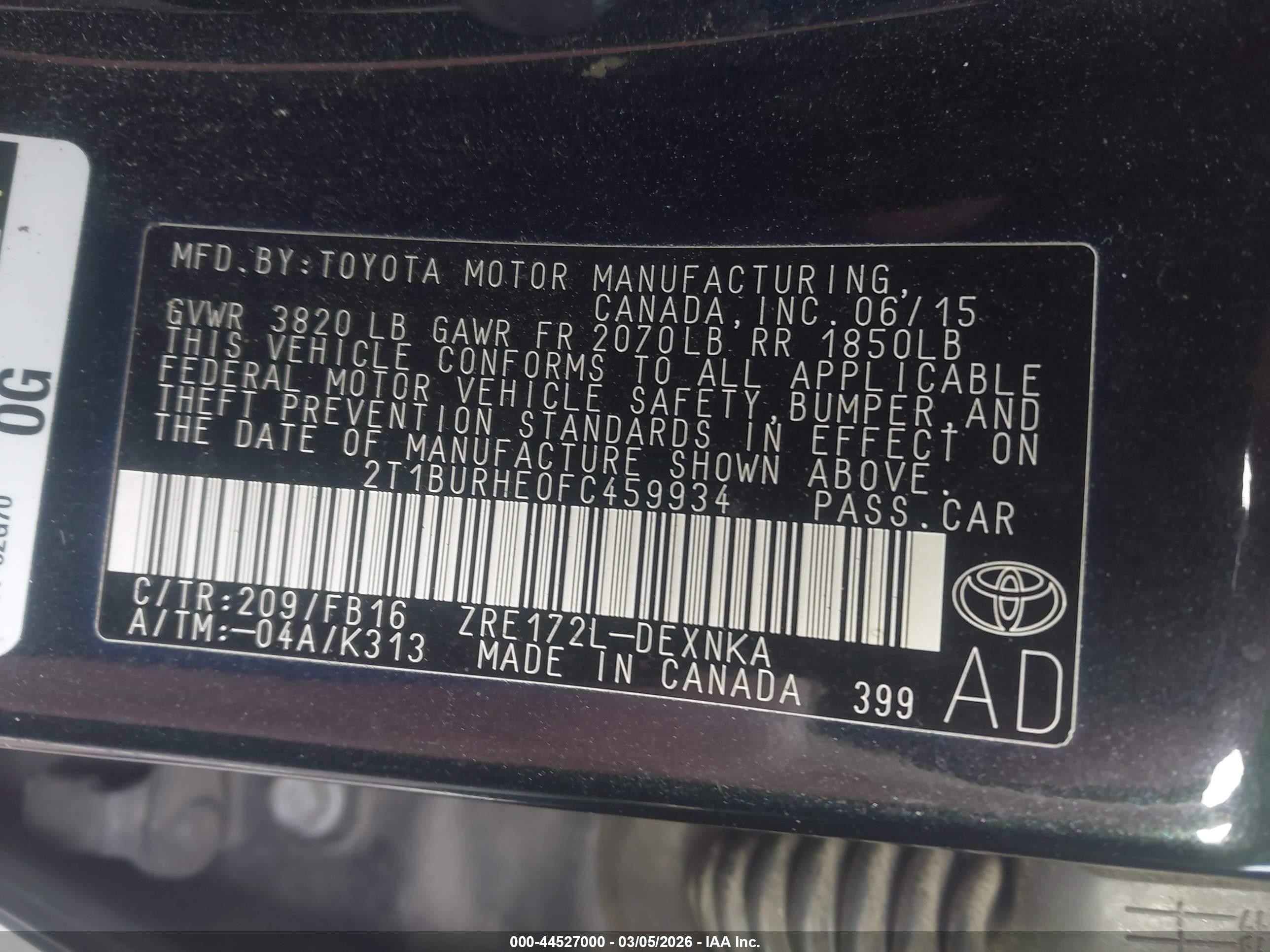 2015 Toyota Corolla Le Черный vin: 2T1BURHE0FC459934
