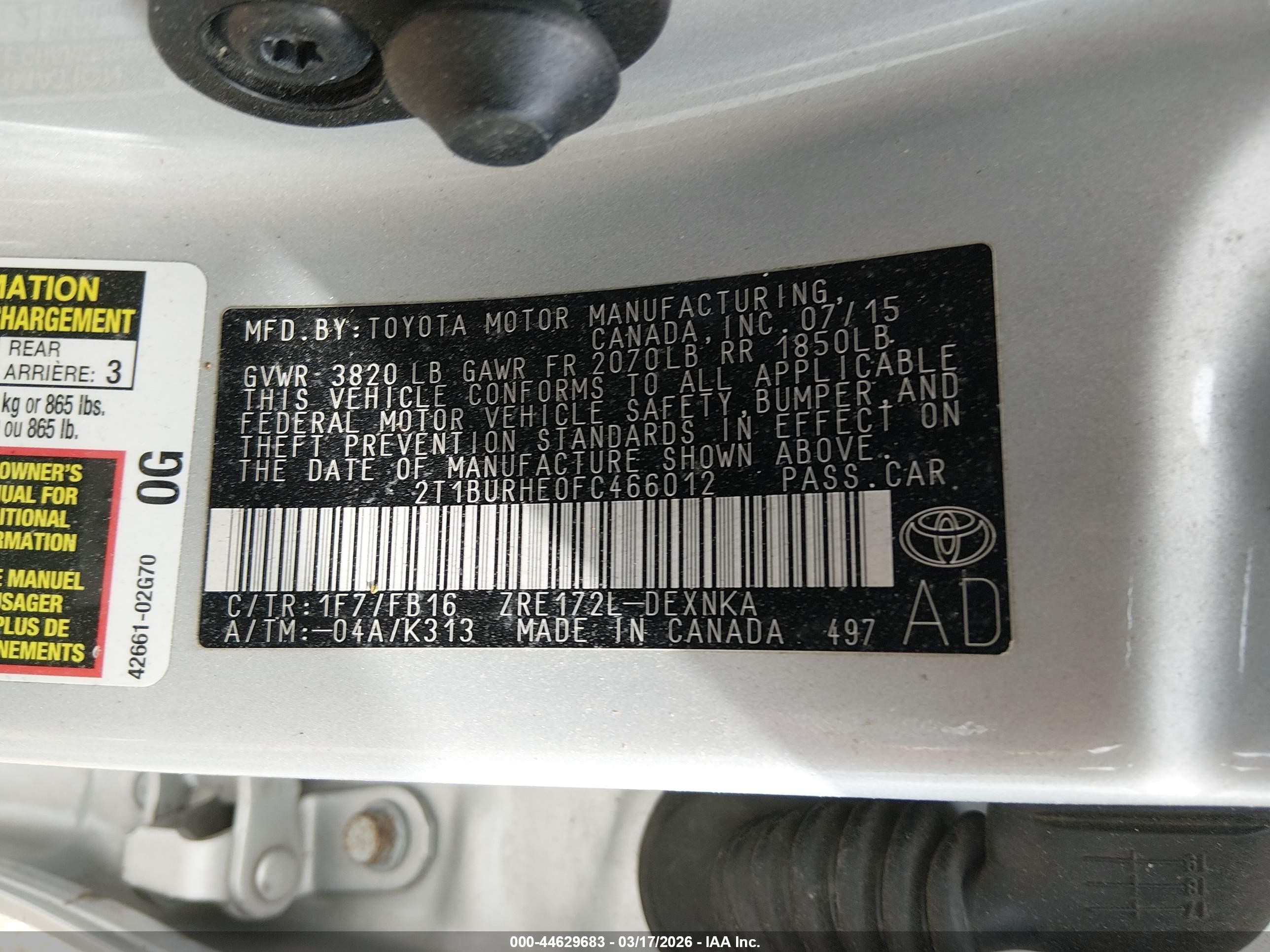 2015 Toyota Corolla Le Silver vin: 2T1BURHE0FC466012