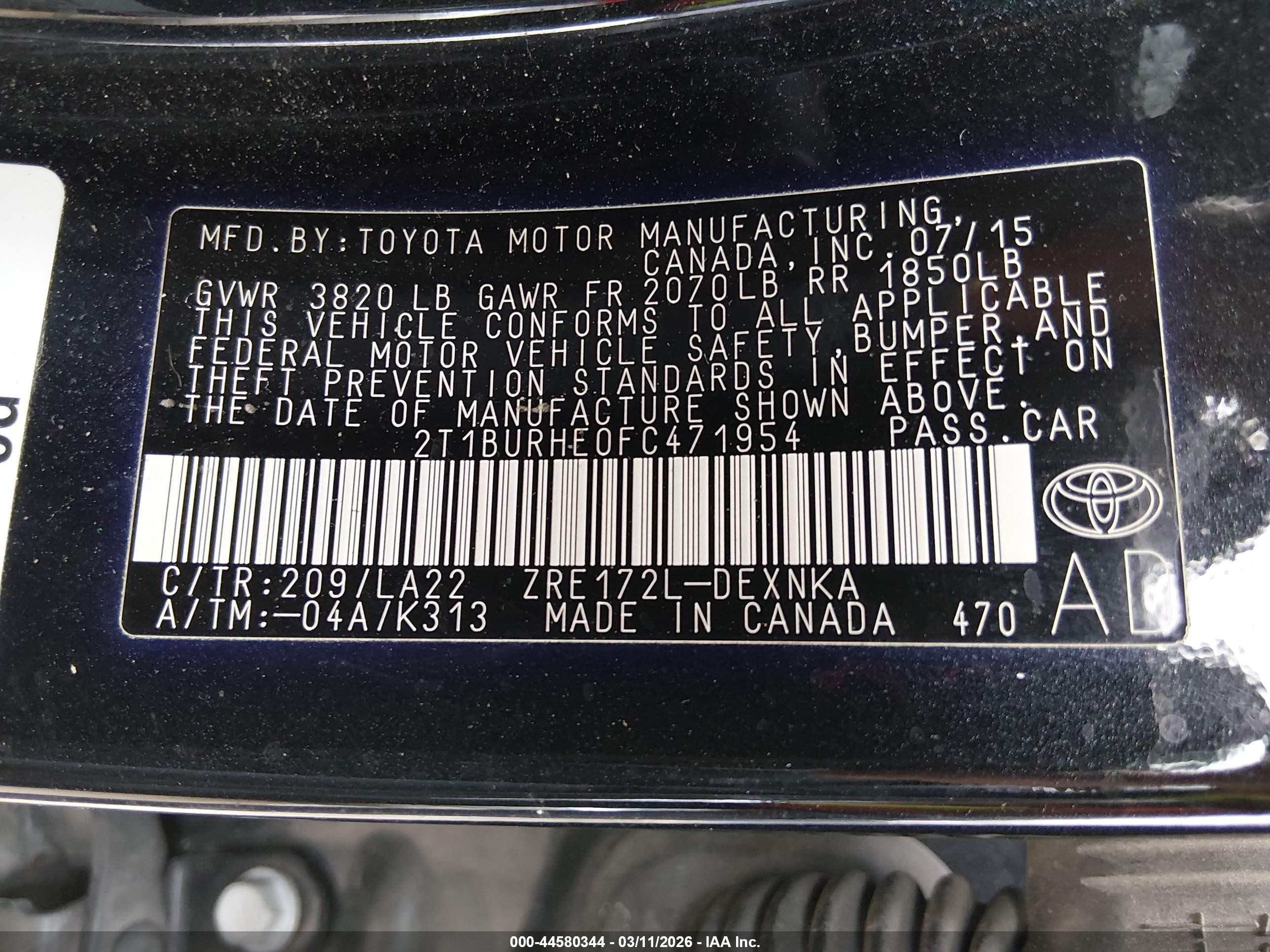 2015 Toyota Corolla Le Premium Black vin: 2T1BURHE0FC471954