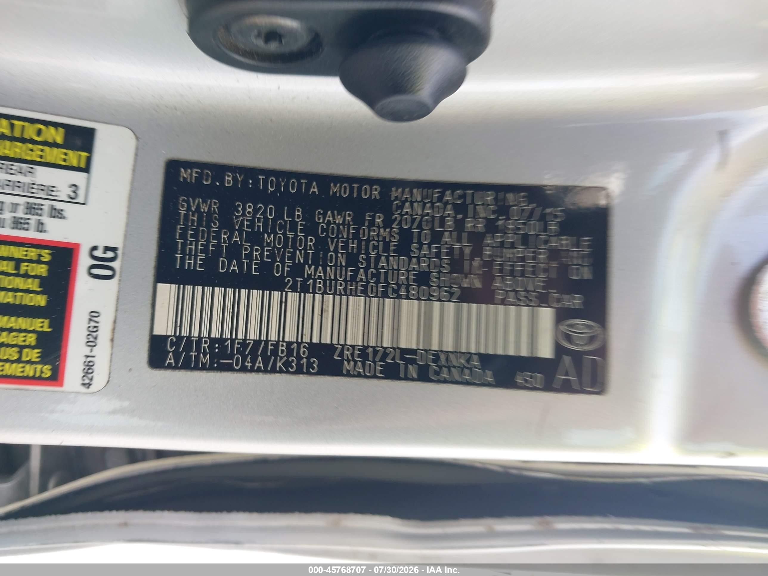 2015 Toyota Corolla Le Silver vin: 2T1BURHE0FC480962