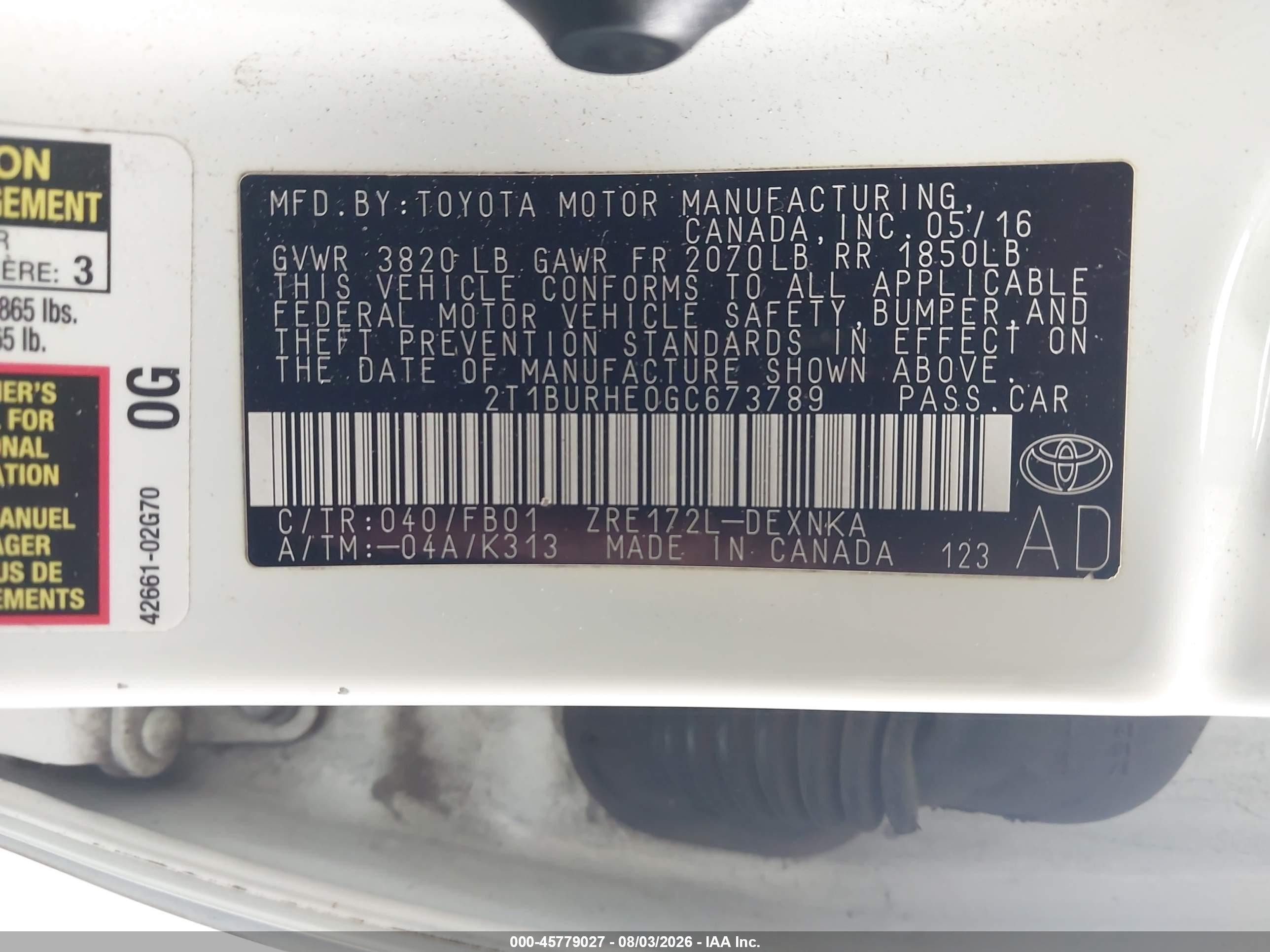 2016 Toyota Corolla Le White vin: 2T1BURHE0GC673789