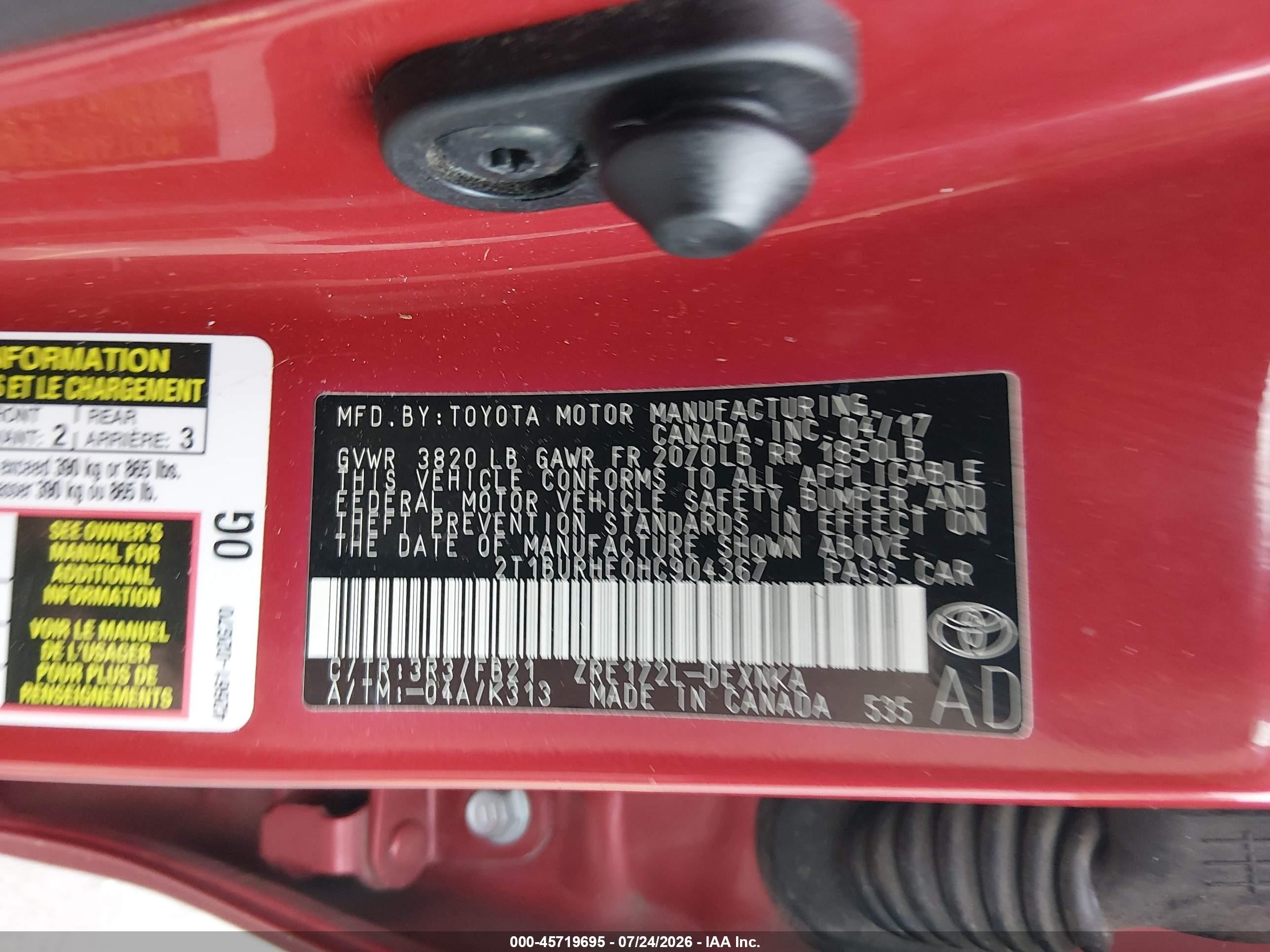 2017 Toyota Corolla Le Red vin: 2T1BURHE0HC904367