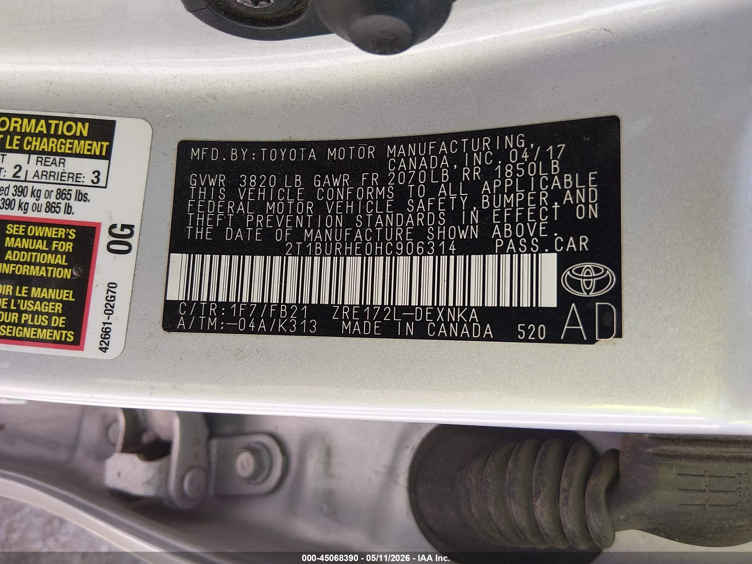 2017 Toyota Corolla Le Silver vin: 2T1BURHE0HC906314