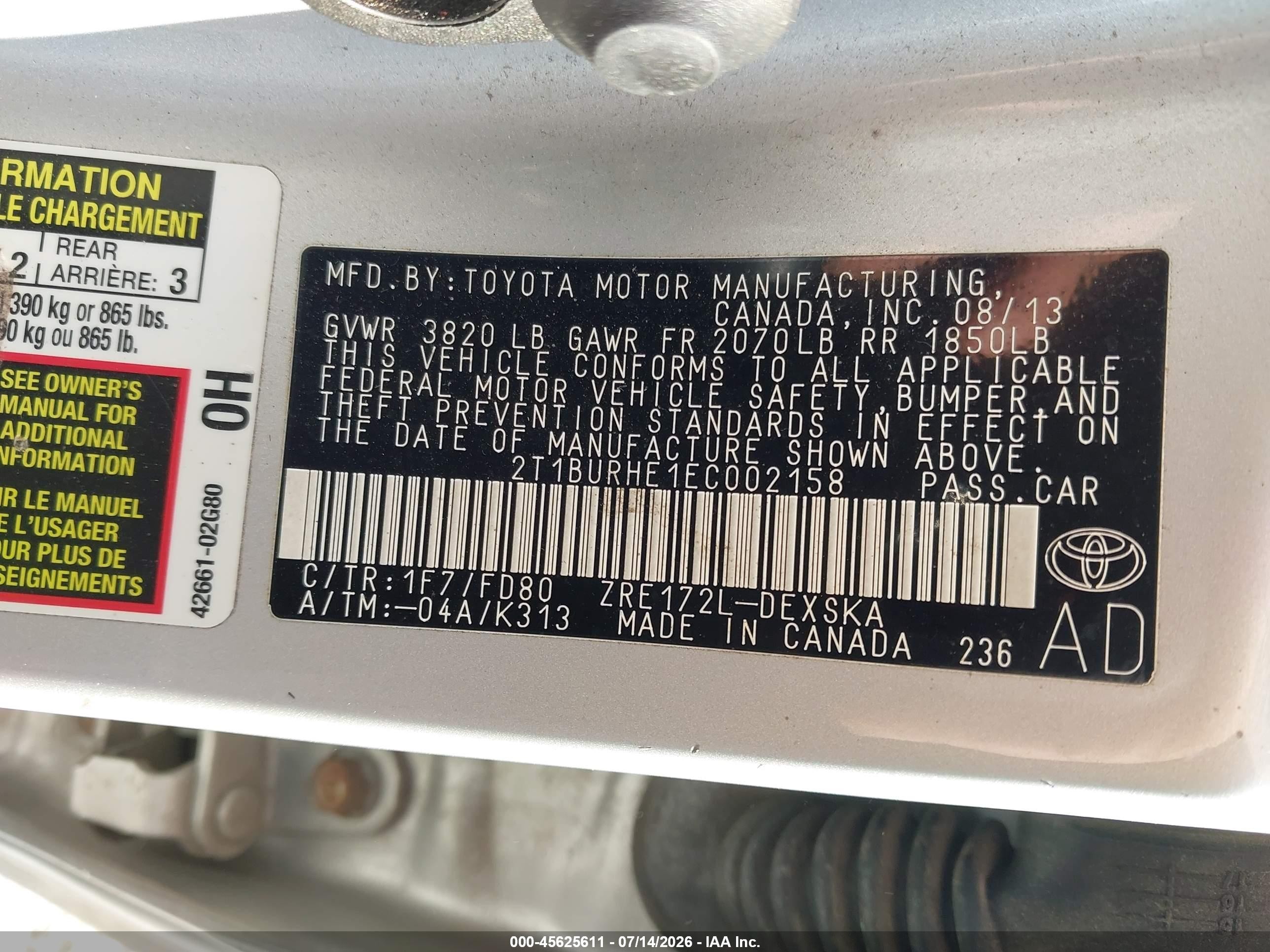 2014 Toyota Corolla S Plus Silver vin: 2T1BURHE1EC002158