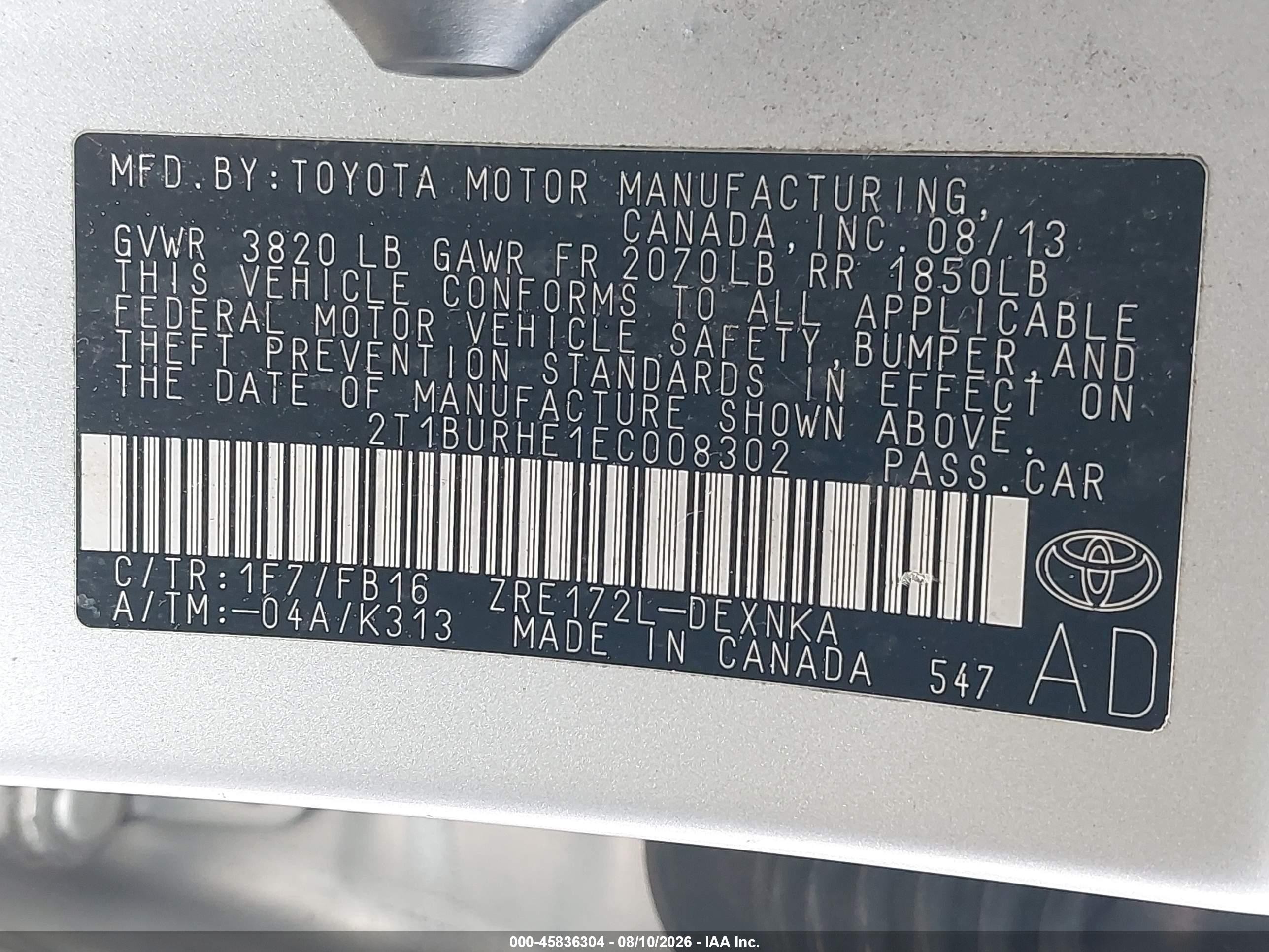 2014 Toyota Corolla Le Silver vin: 2T1BURHE1EC008302