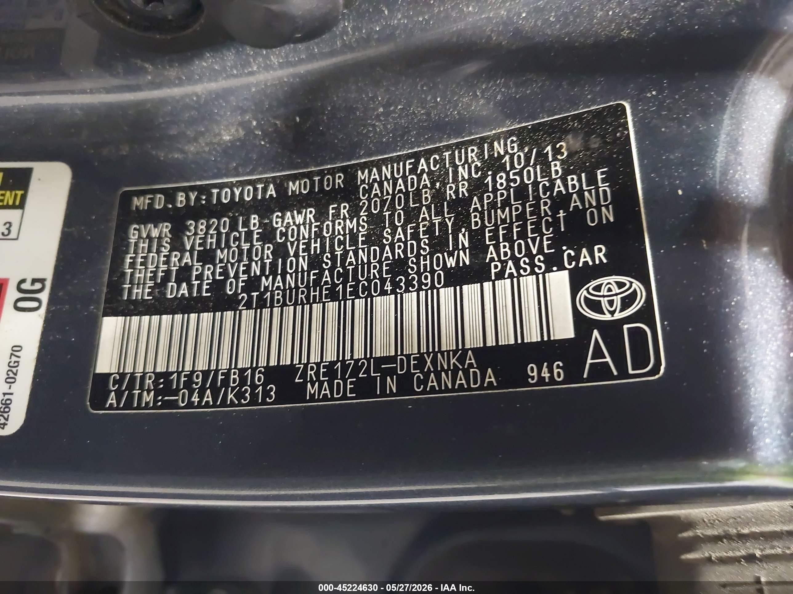 2014 Toyota Corolla Le Gray vin: 2T1BURHE1EC043390