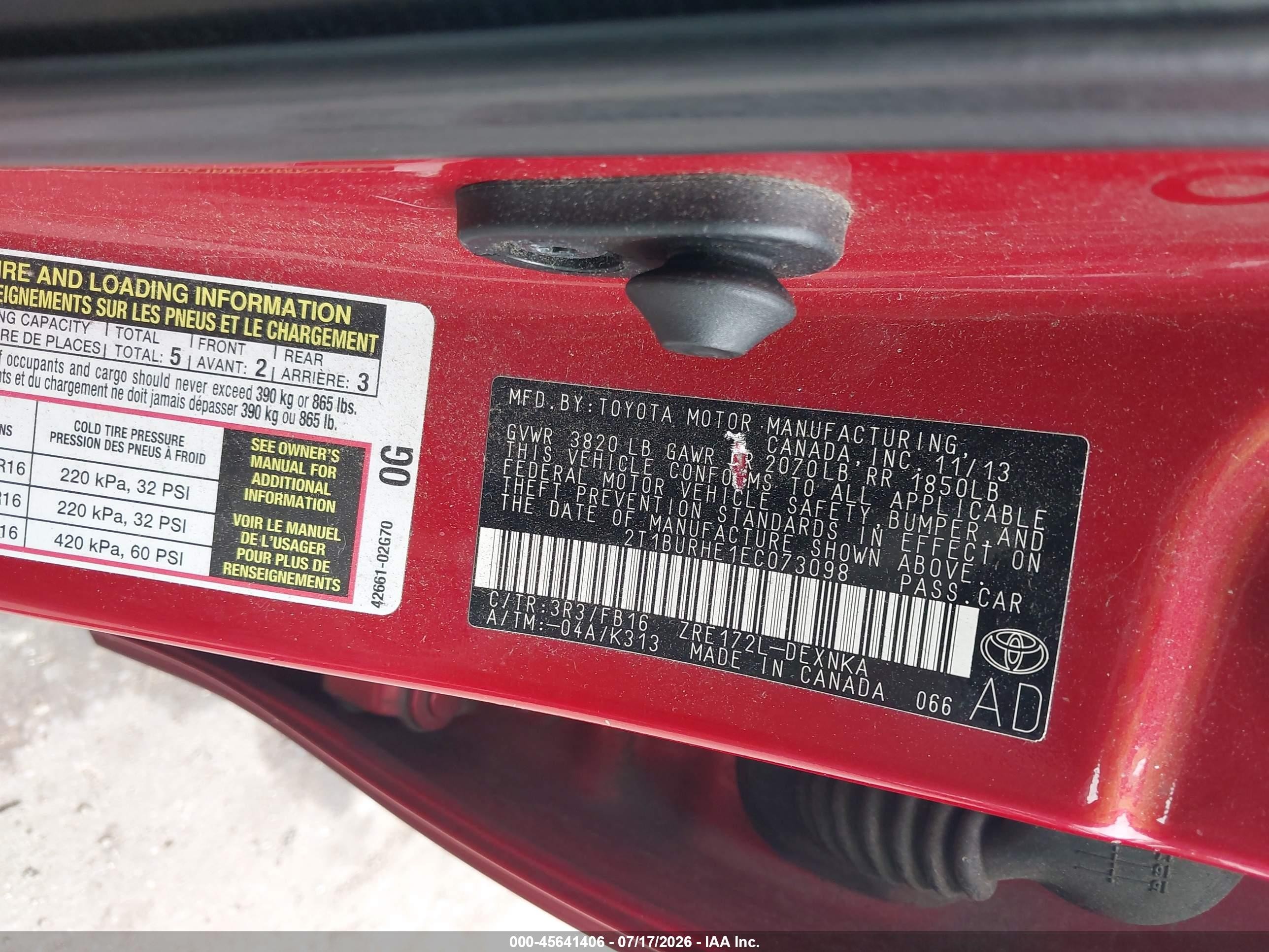 2014 Toyota Corolla Le Red vin: 2T1BURHE1EC073098