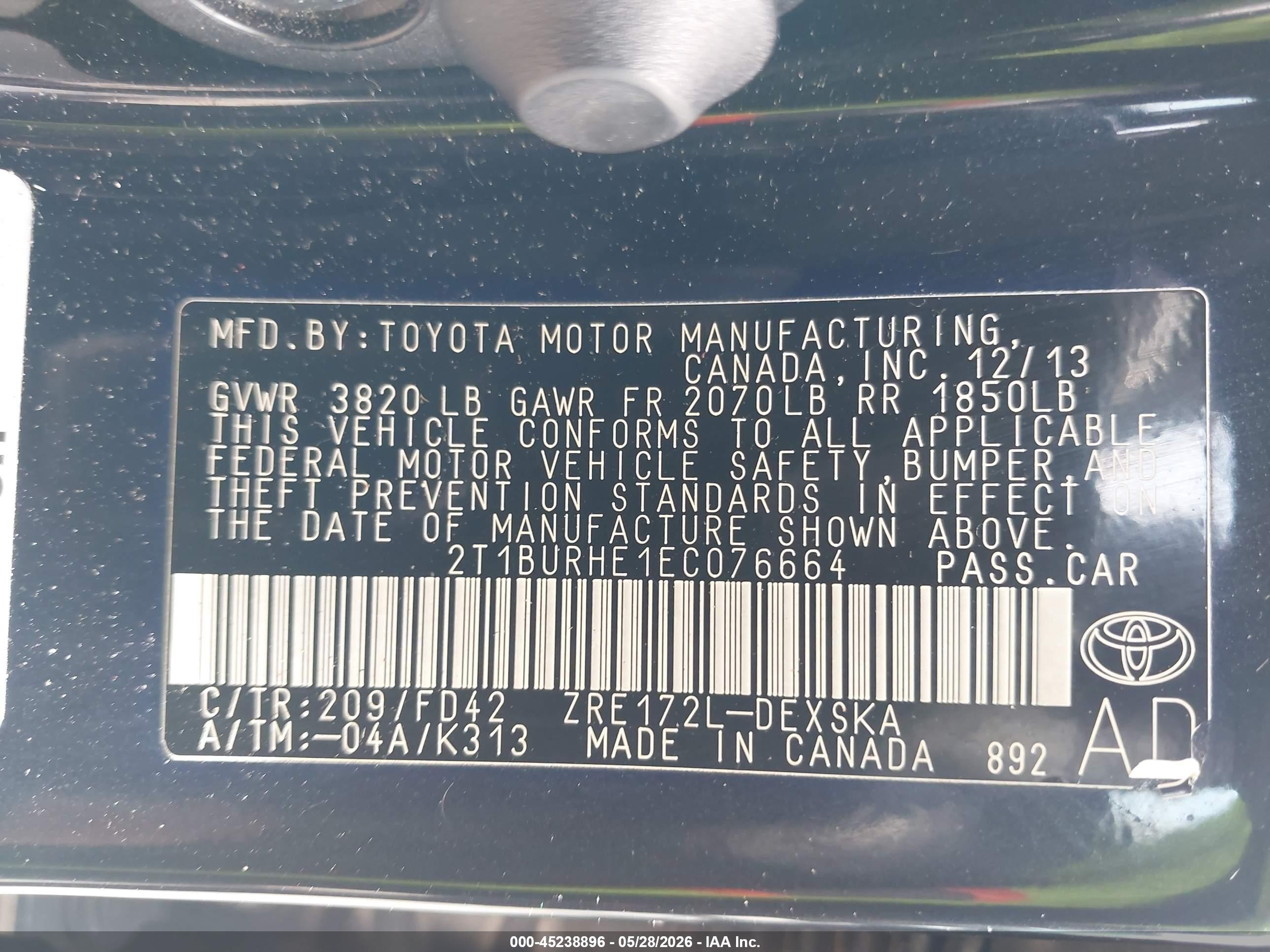 2014 Toyota Corolla S Plus Black vin: 2T1BURHE1EC076664