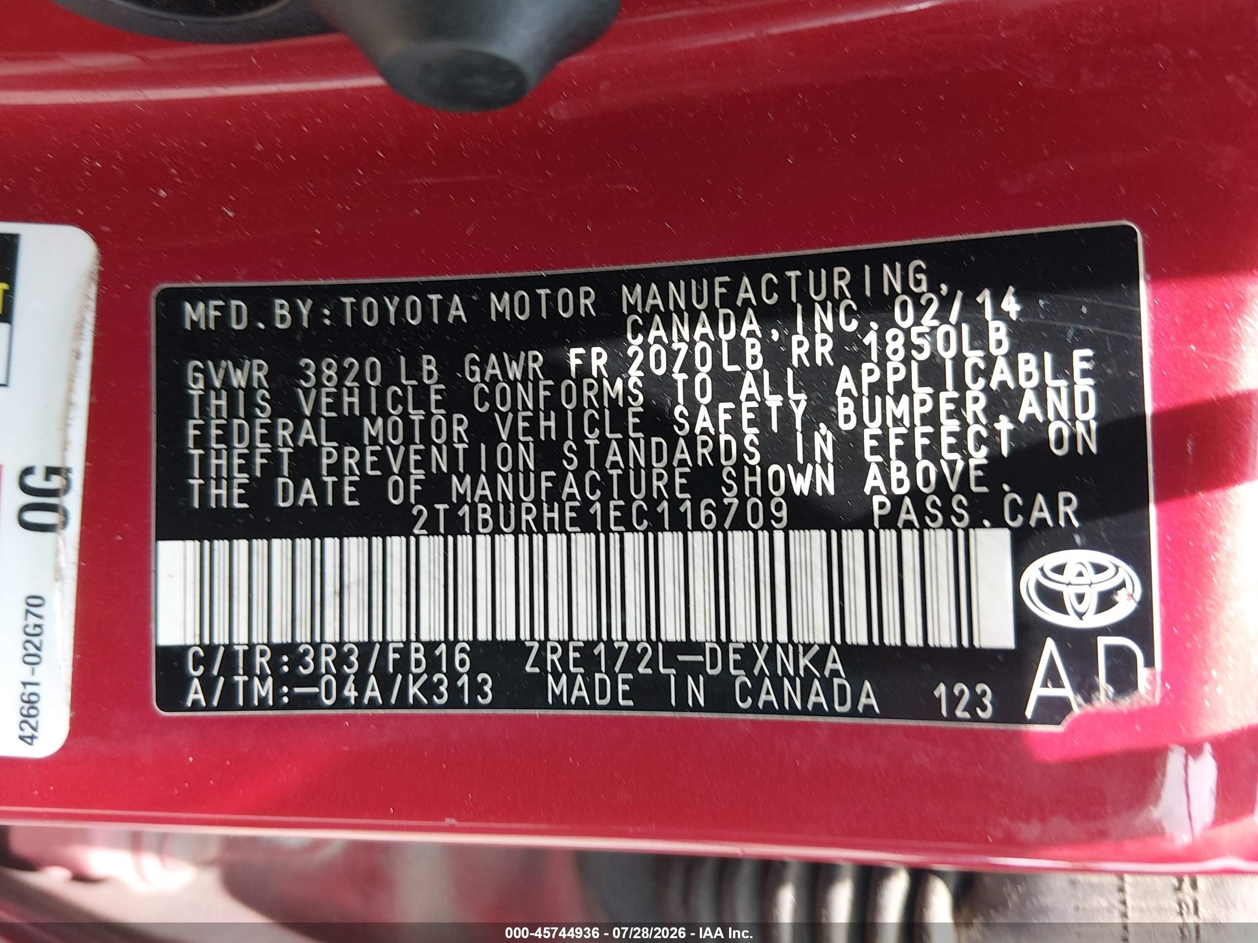 2014 Toyota Corolla Le Red vin: 2T1BURHE1EC116709