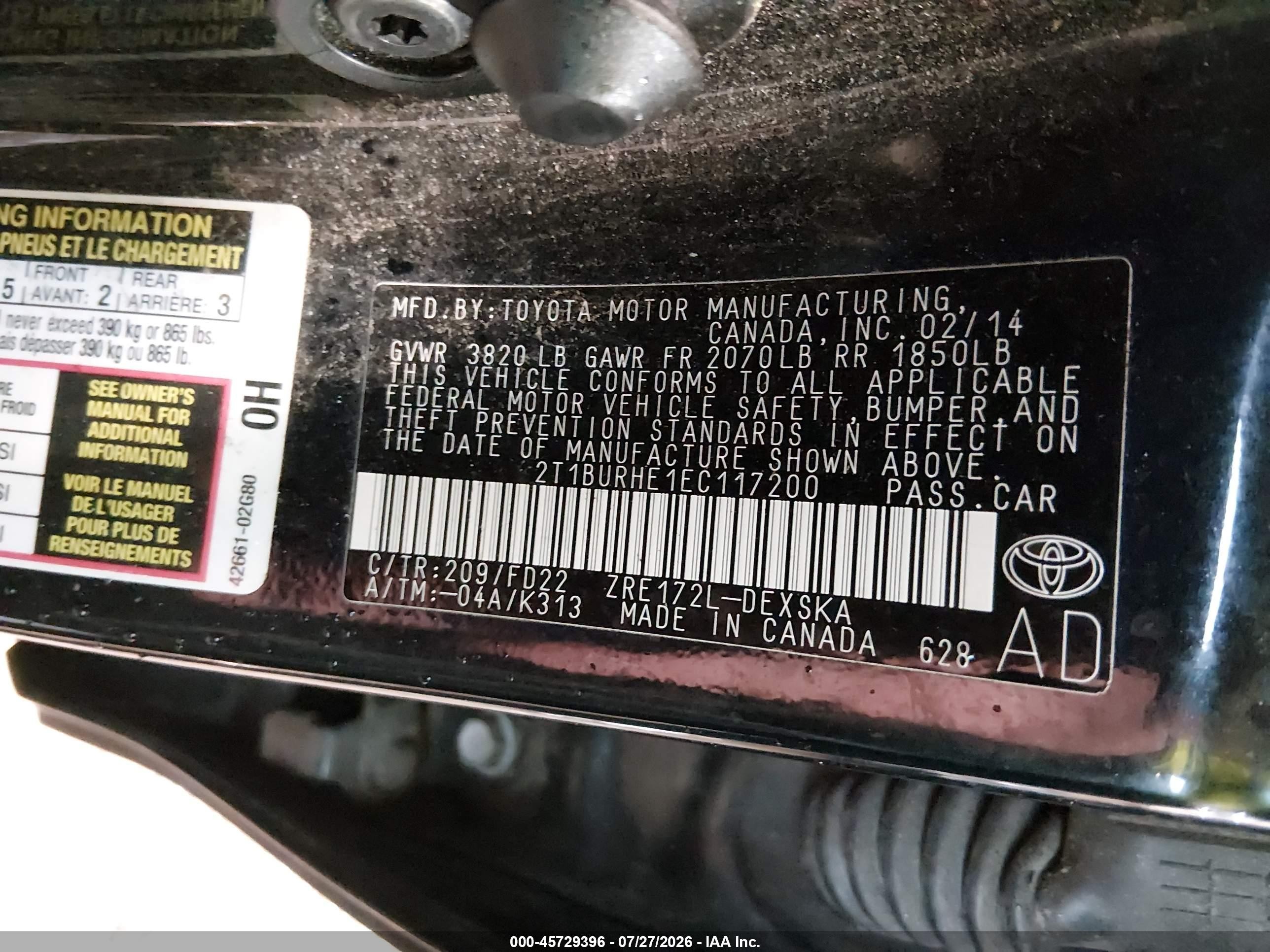 2014 Toyota Corolla S Plus Black vin: 2T1BURHE1EC117200
