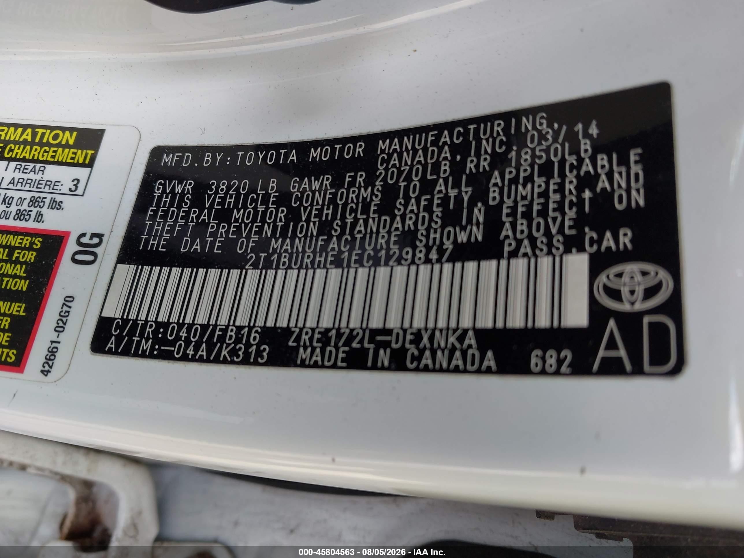 2014 Toyota Corolla Le White vin: 2T1BURHE1EC129847