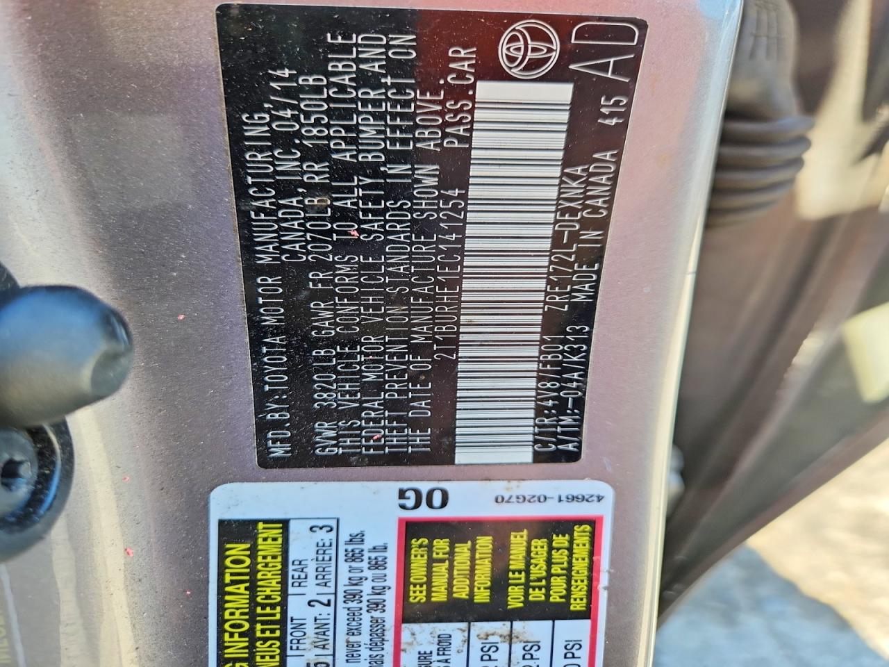 2014 Toyota Corolla Le Gray vin: 2T1BURHE1EC141254