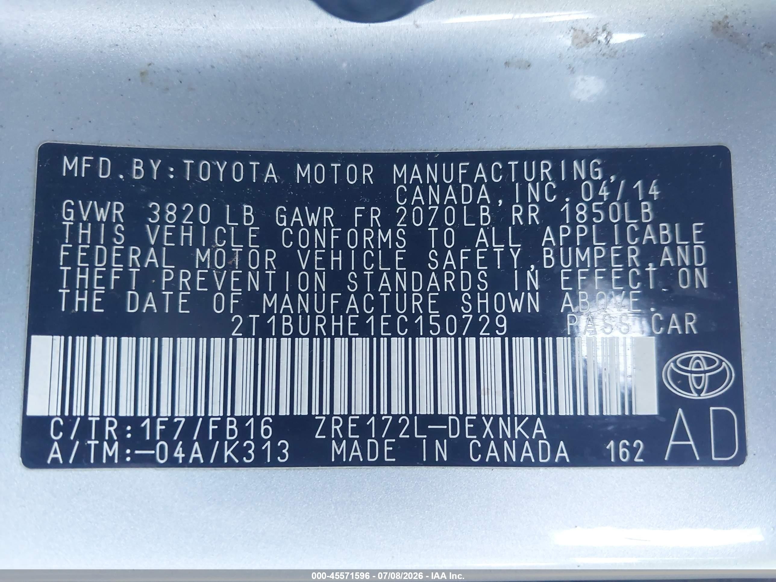 2014 Toyota Corolla Le Silver vin: 2T1BURHE1EC150729
