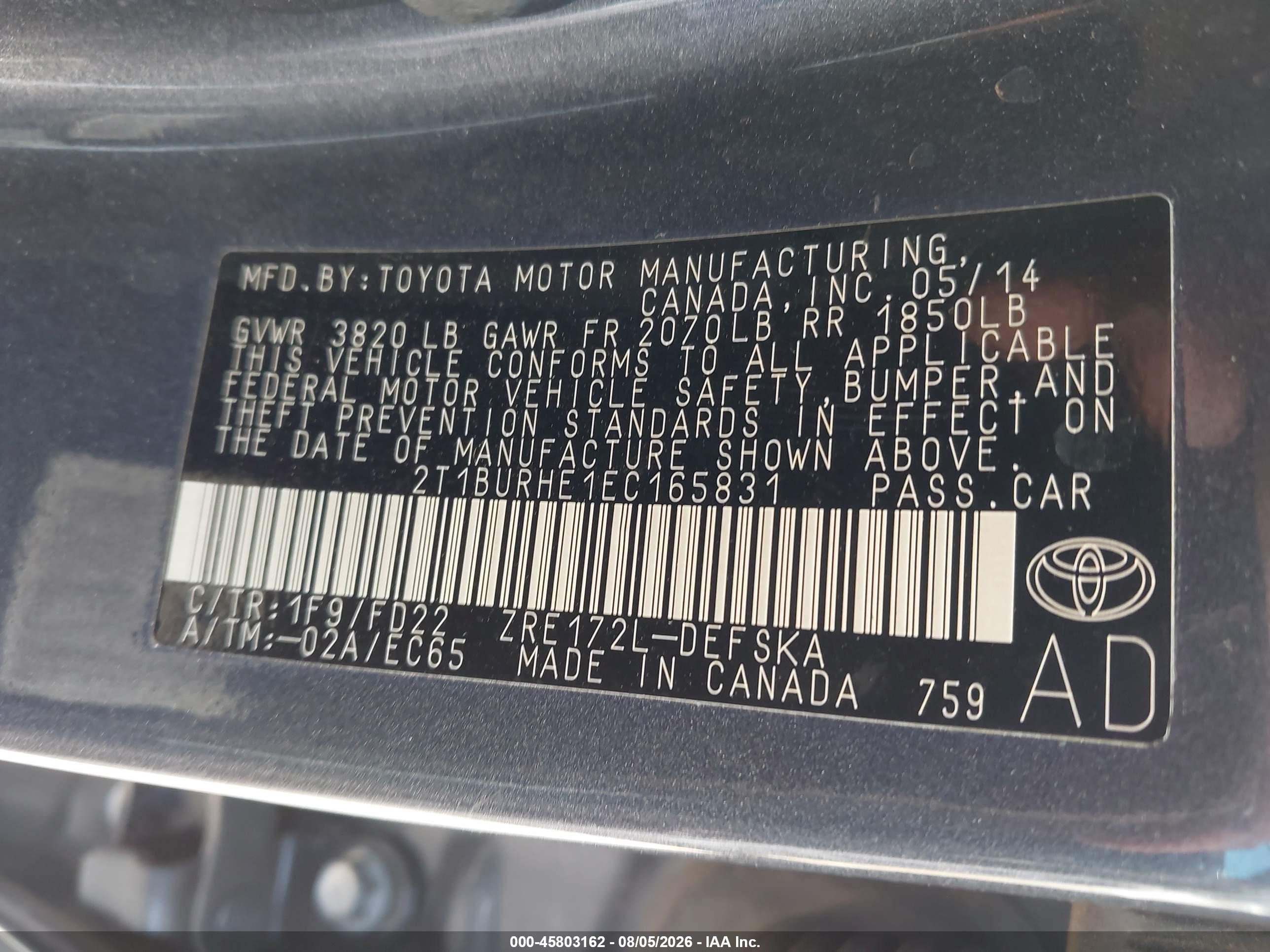 2014 Toyota Corolla S Plus Blue vin: 2T1BURHE1EC165831