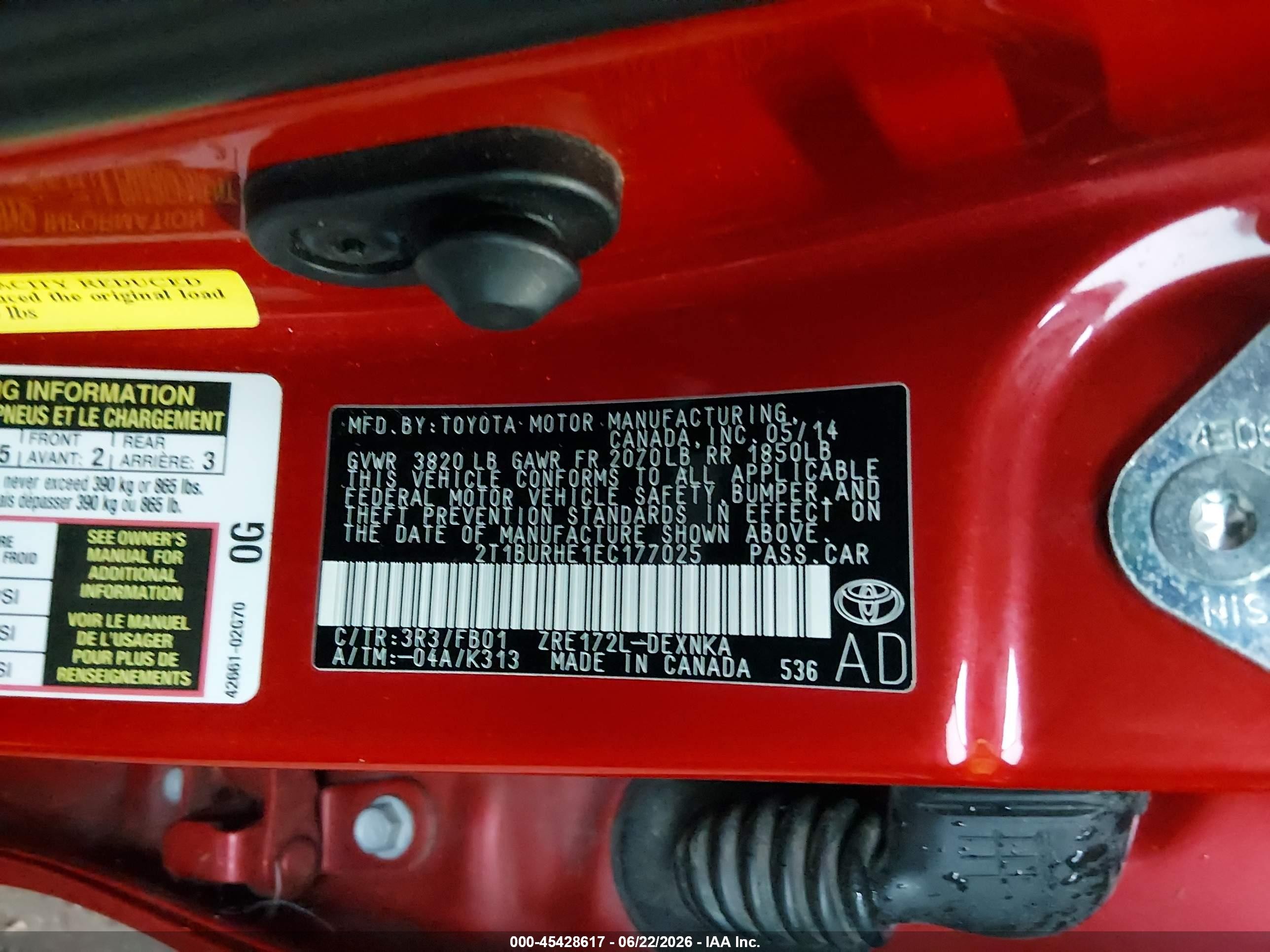 2014 Toyota Corolla Le Red vin: 2T1BURHE1EC177025