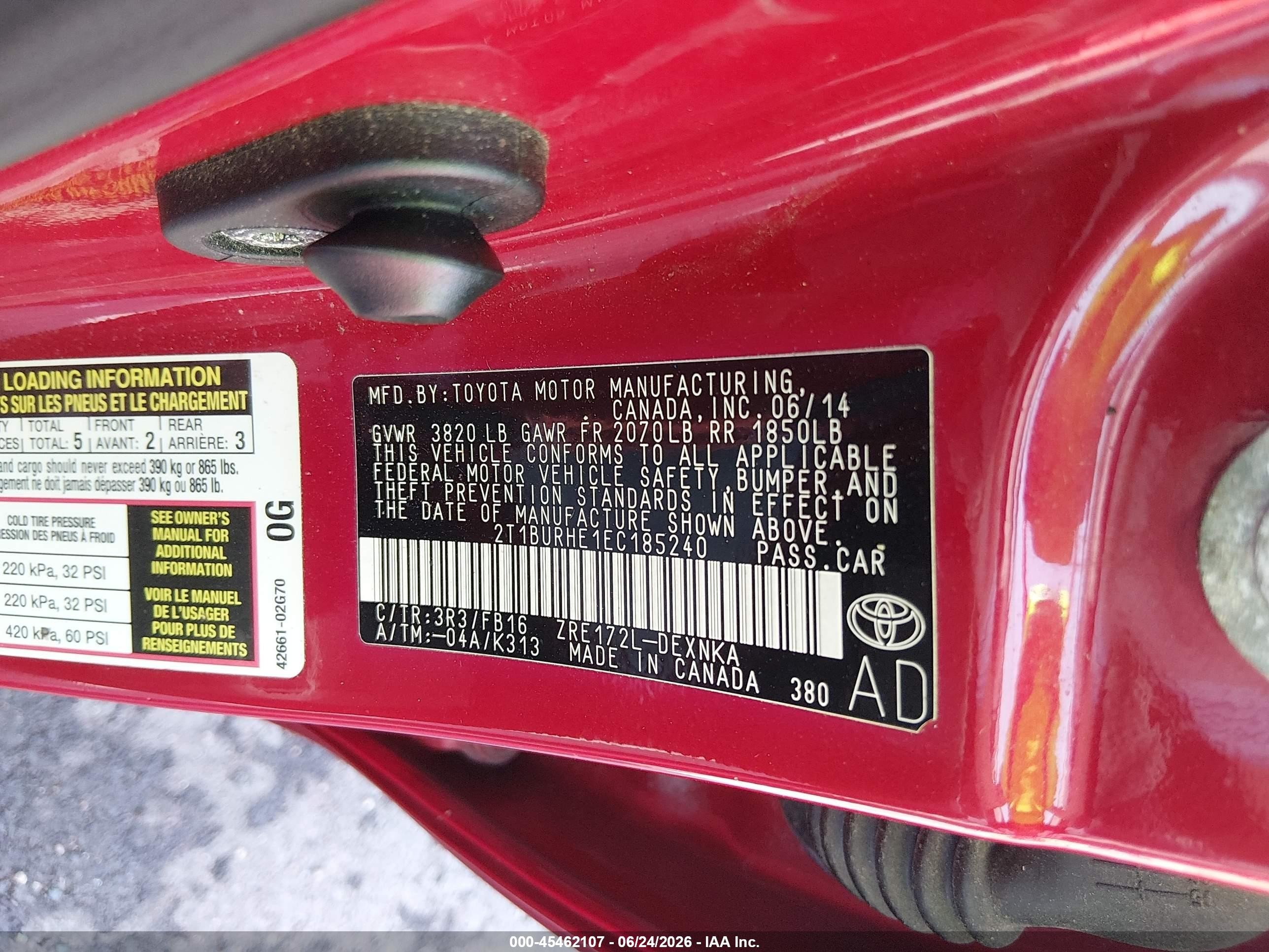2014 Toyota Corolla Le Red vin: 2T1BURHE1EC185240