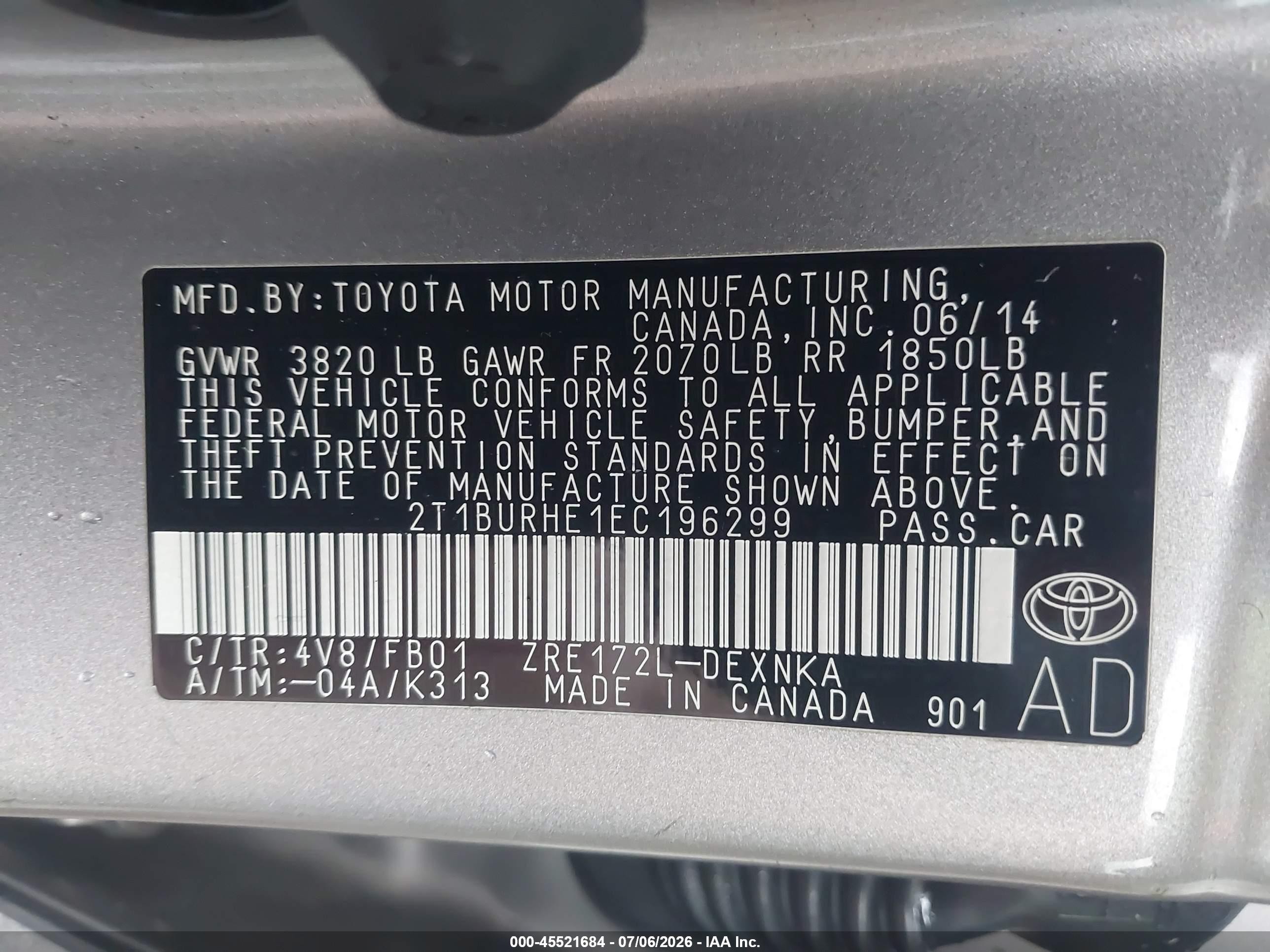 2014 Toyota Corolla Le Gray vin: 2T1BURHE1EC196299