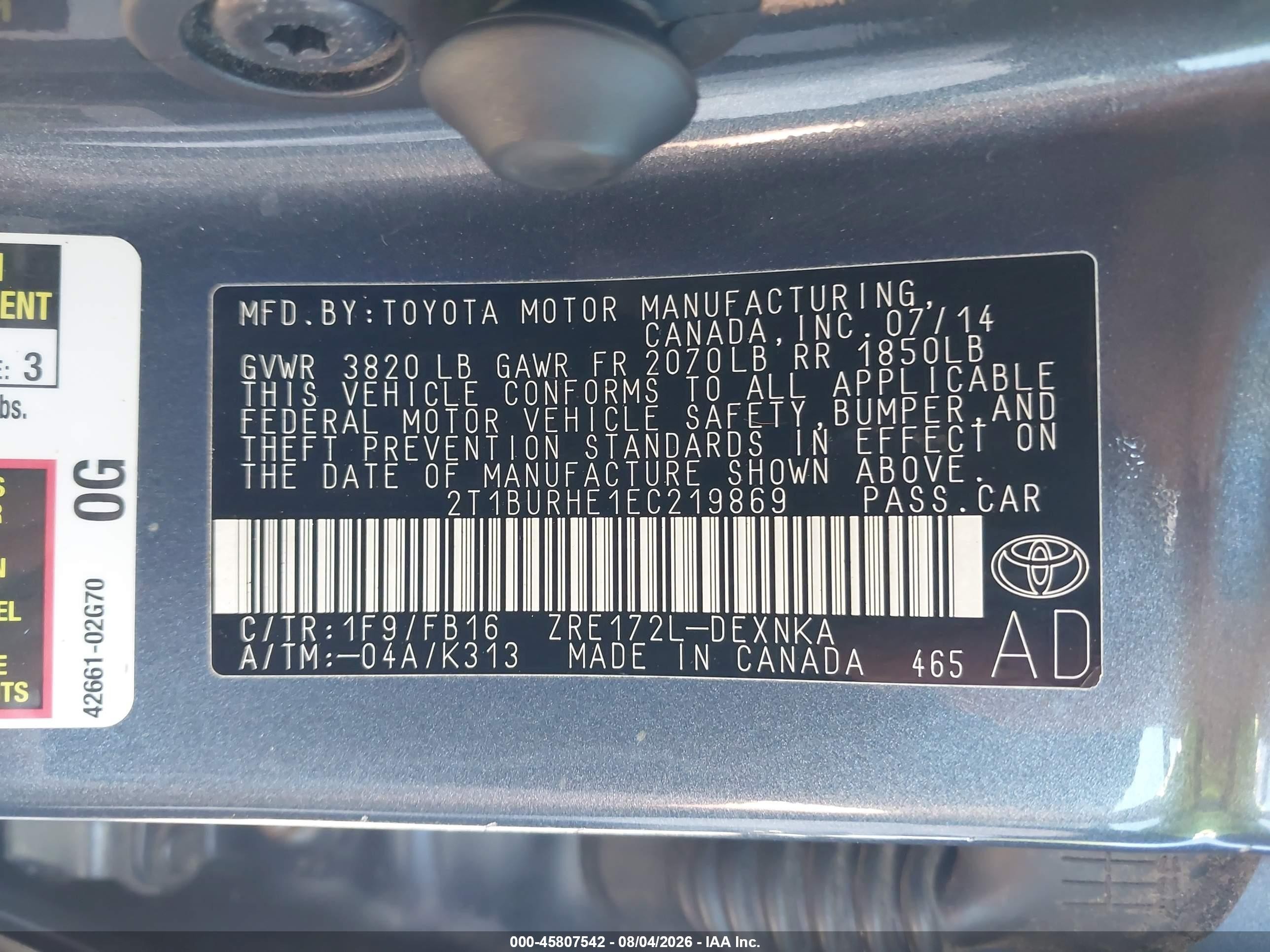 2014 Toyota Corolla Le Gray vin: 2T1BURHE1EC219869