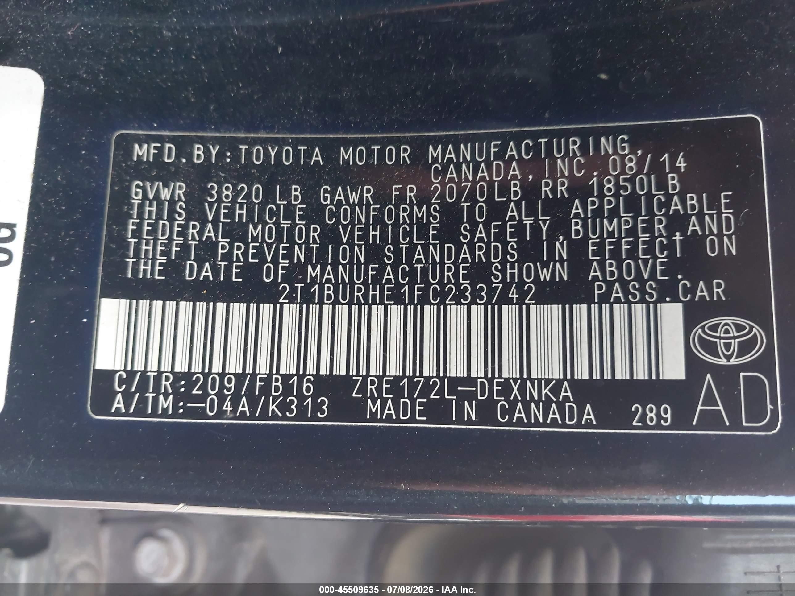 2015 Toyota Corolla Le Black vin: 2T1BURHE1FC233742