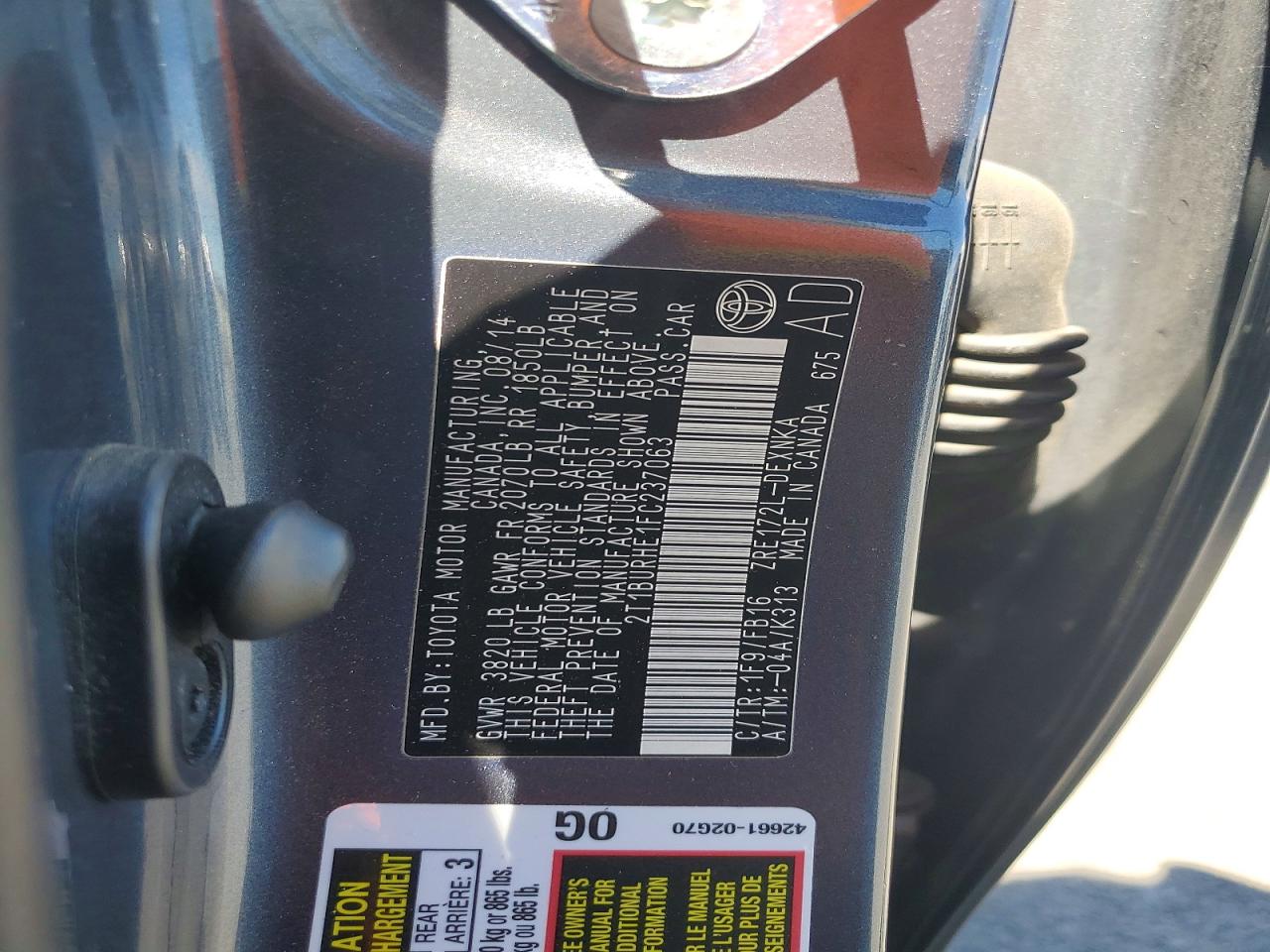 2015 Toyota Corolla Le Угольный vin: 2T1BURHE1FC237063